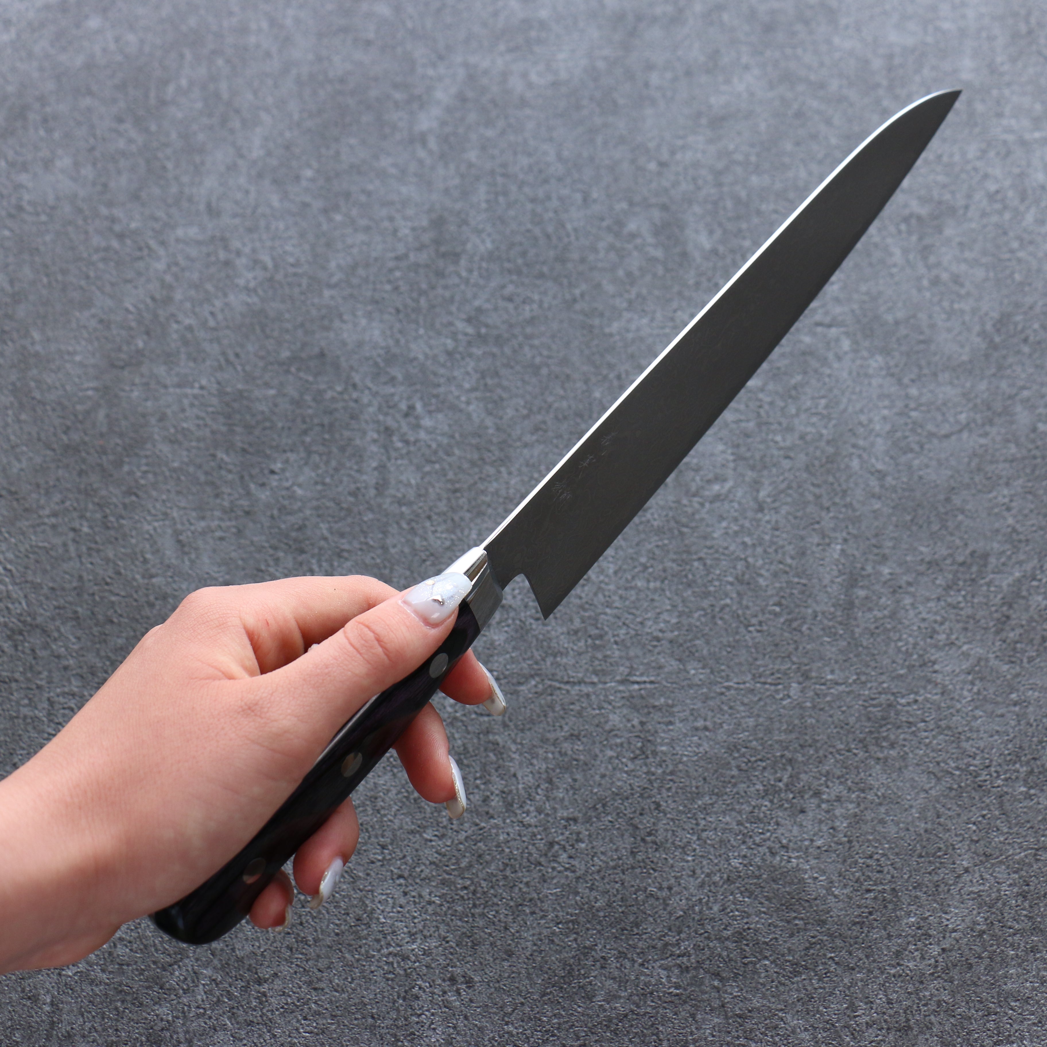 Yoshimi Kato VG10 Damascus Migaki Polish Finish Gyuto 210mm Purple Pakka wood Handle - Seisuke Knife