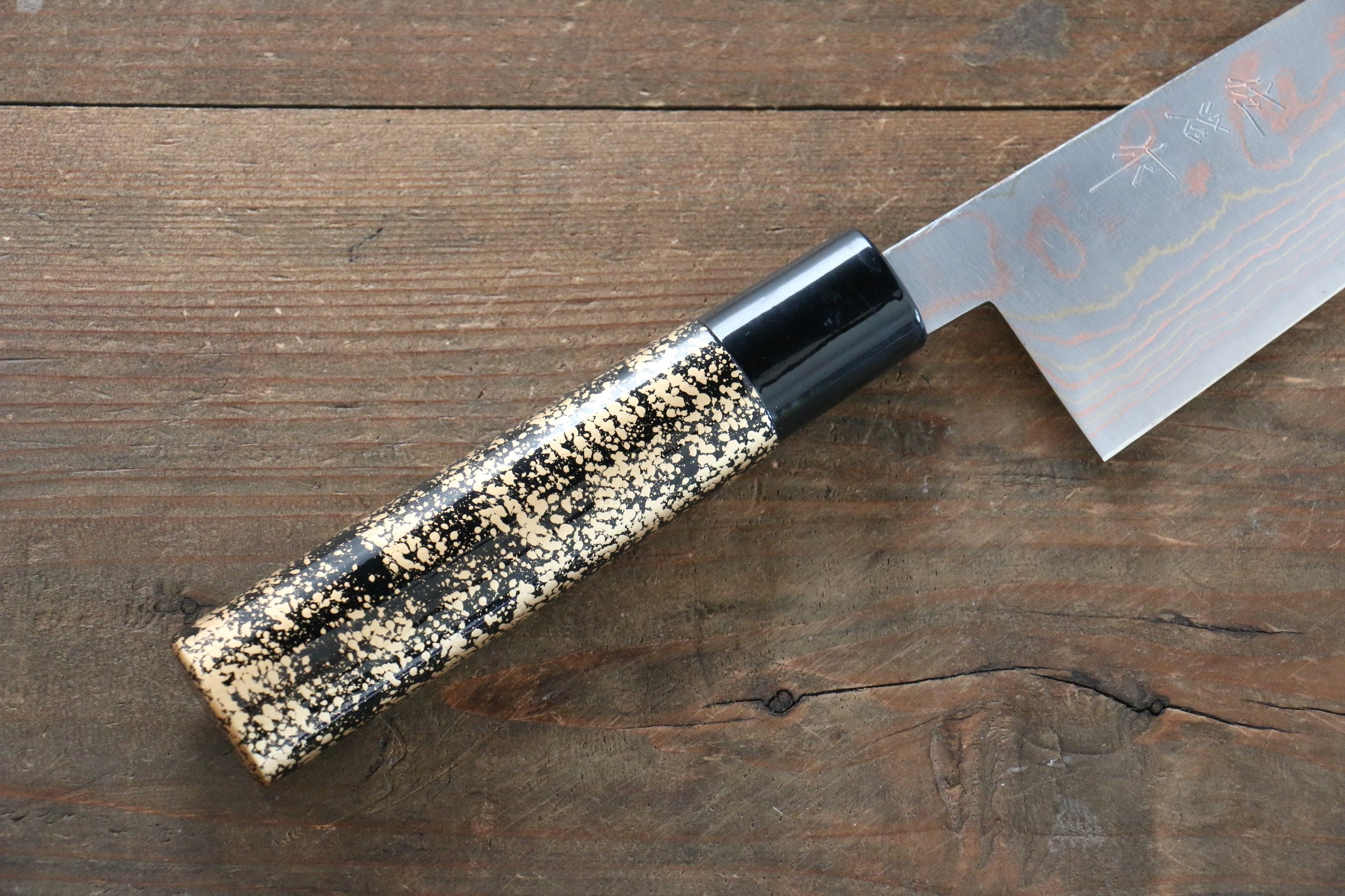 Takeshi Saji Blue Steel No.2 Colored Damascus Gyuto 210mm Gold Lacquered Handle - Seisuke Knife