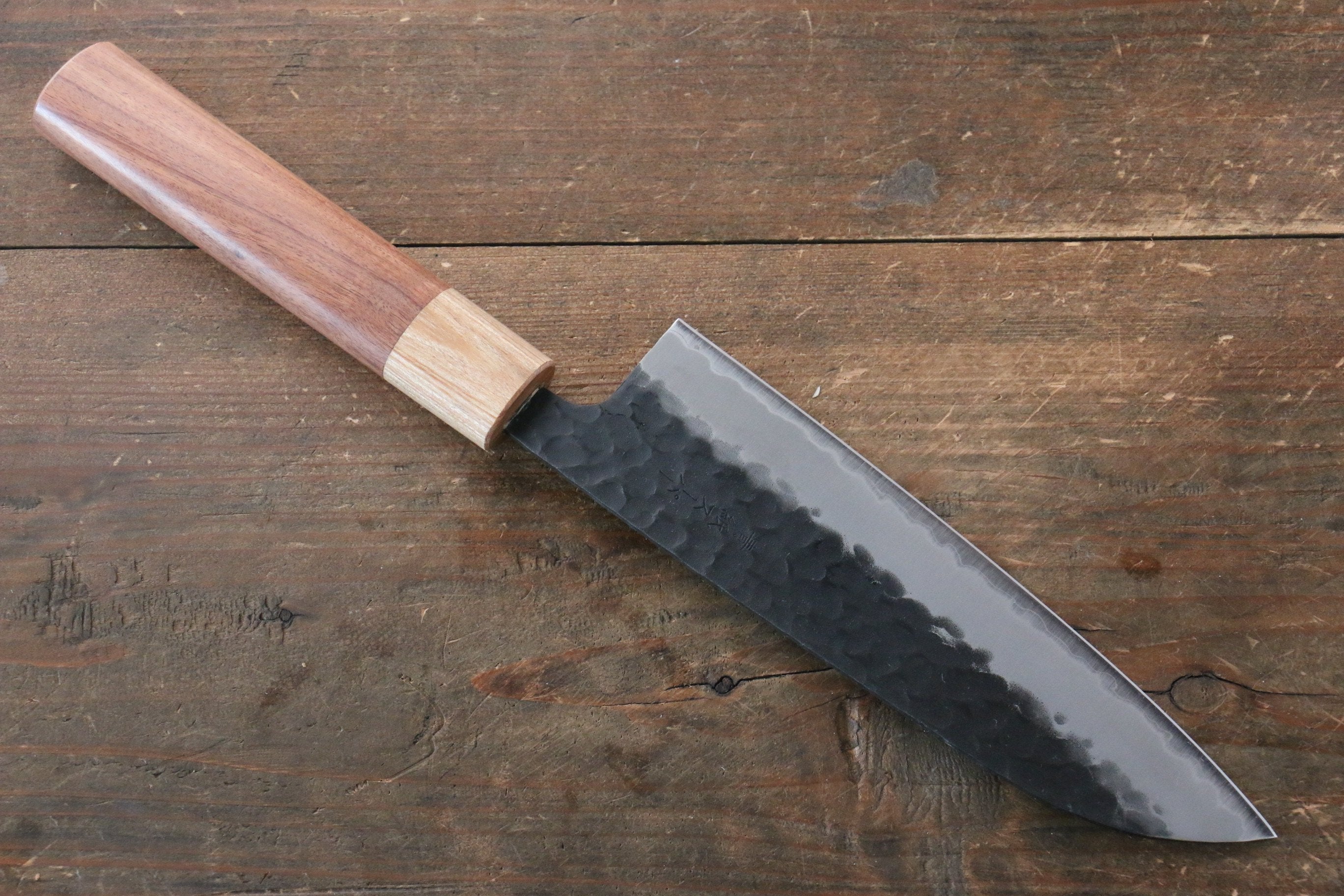Seisuke Kokubyaku Blue Super Hammered Santoku 165mm with Morado Handle - Seisuke Knife