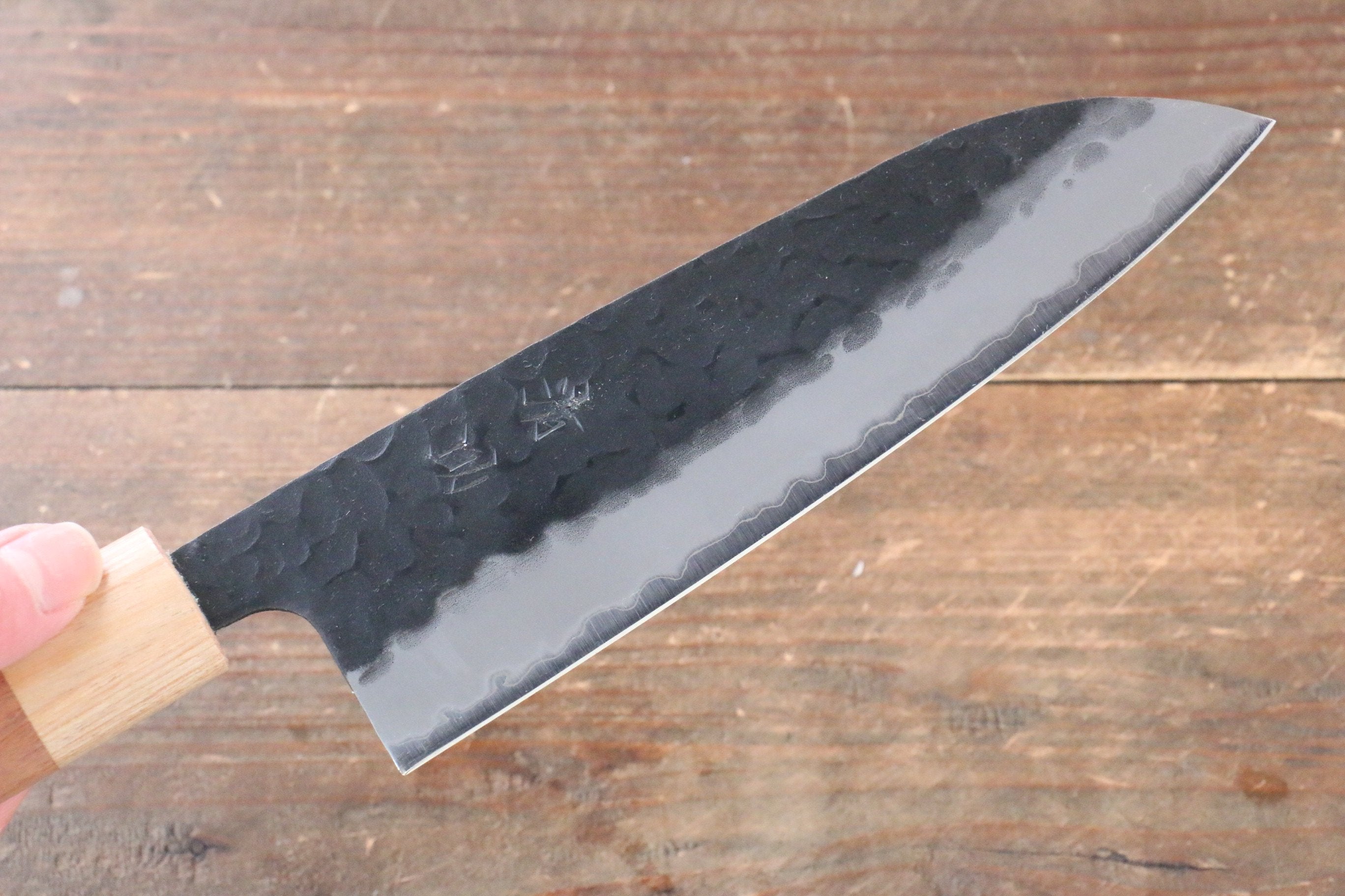 Seisuke Kokubyaku Blue Super Hammered Santoku 165mm with Morado Handle - Seisuke Knife