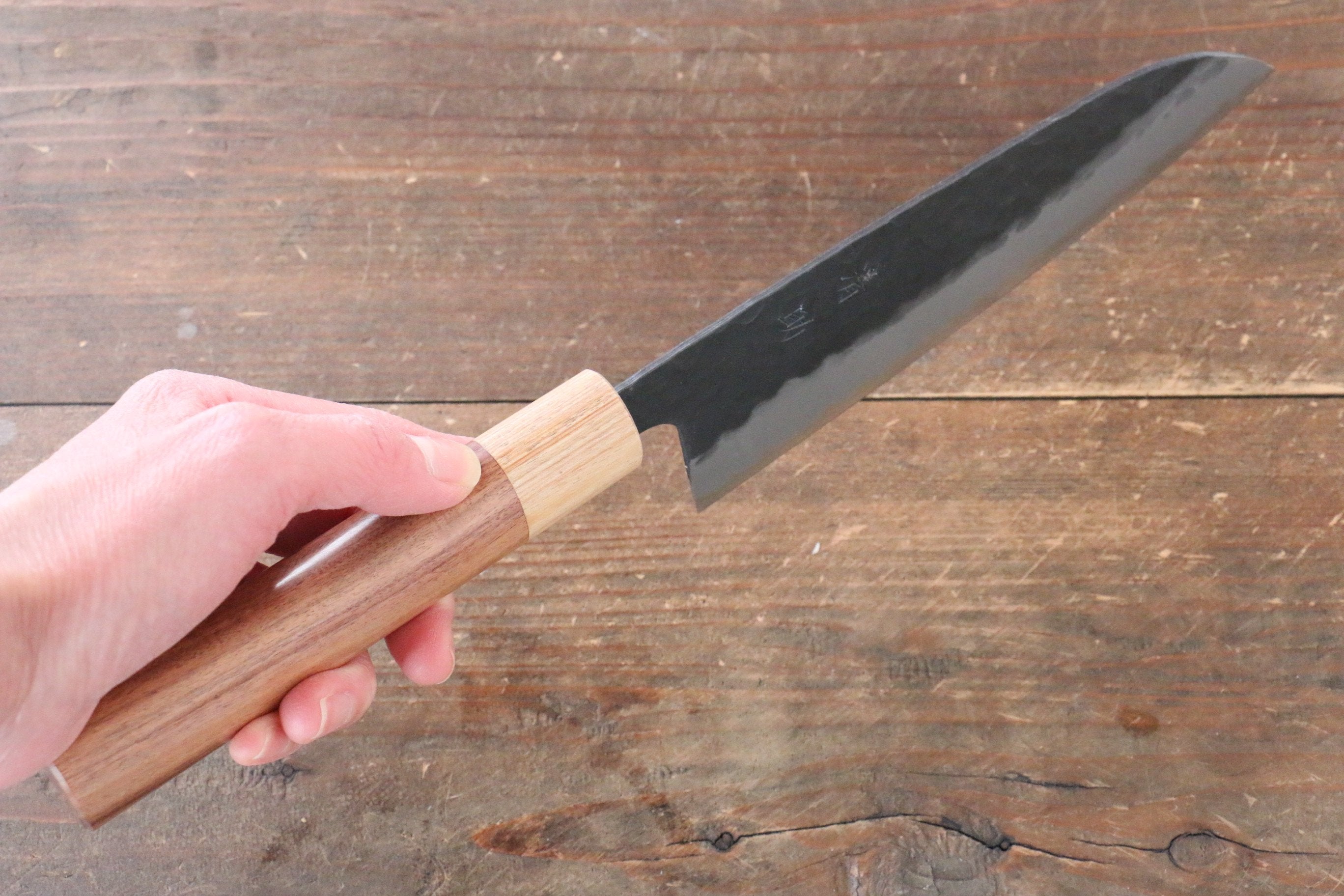 Seisuke Kokubyaku Blue Super Hammered Santoku 165mm with Morado Handle - Seisuke Knife