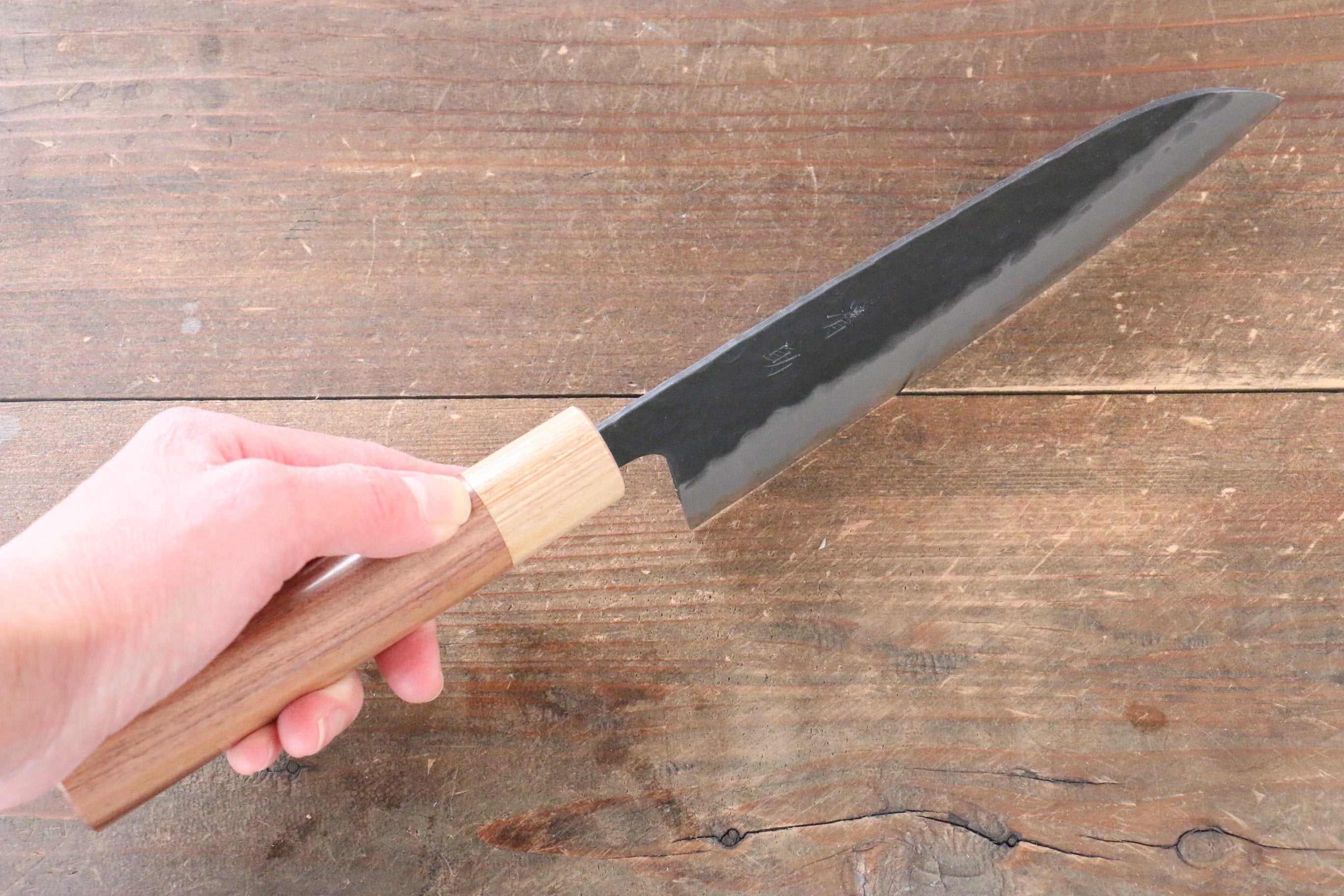 Seisuke Kokubyaku Blue Super Hammered Santoku 165mm with Morado Handle - Seisuke Knife