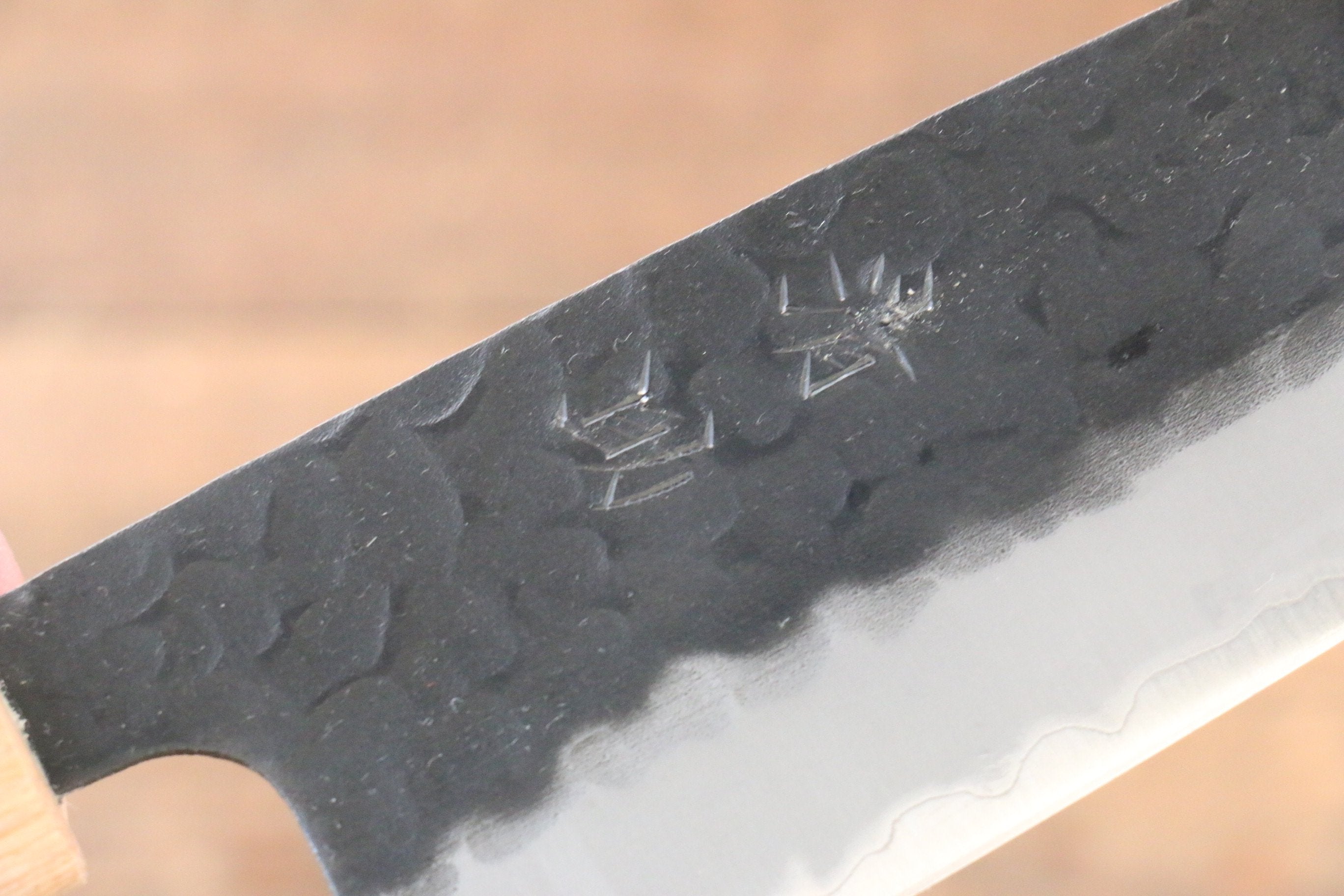 Seisuke Kokubyaku Blue Super Hammered Santoku 165mm with Morado Handle - Seisuke Knife