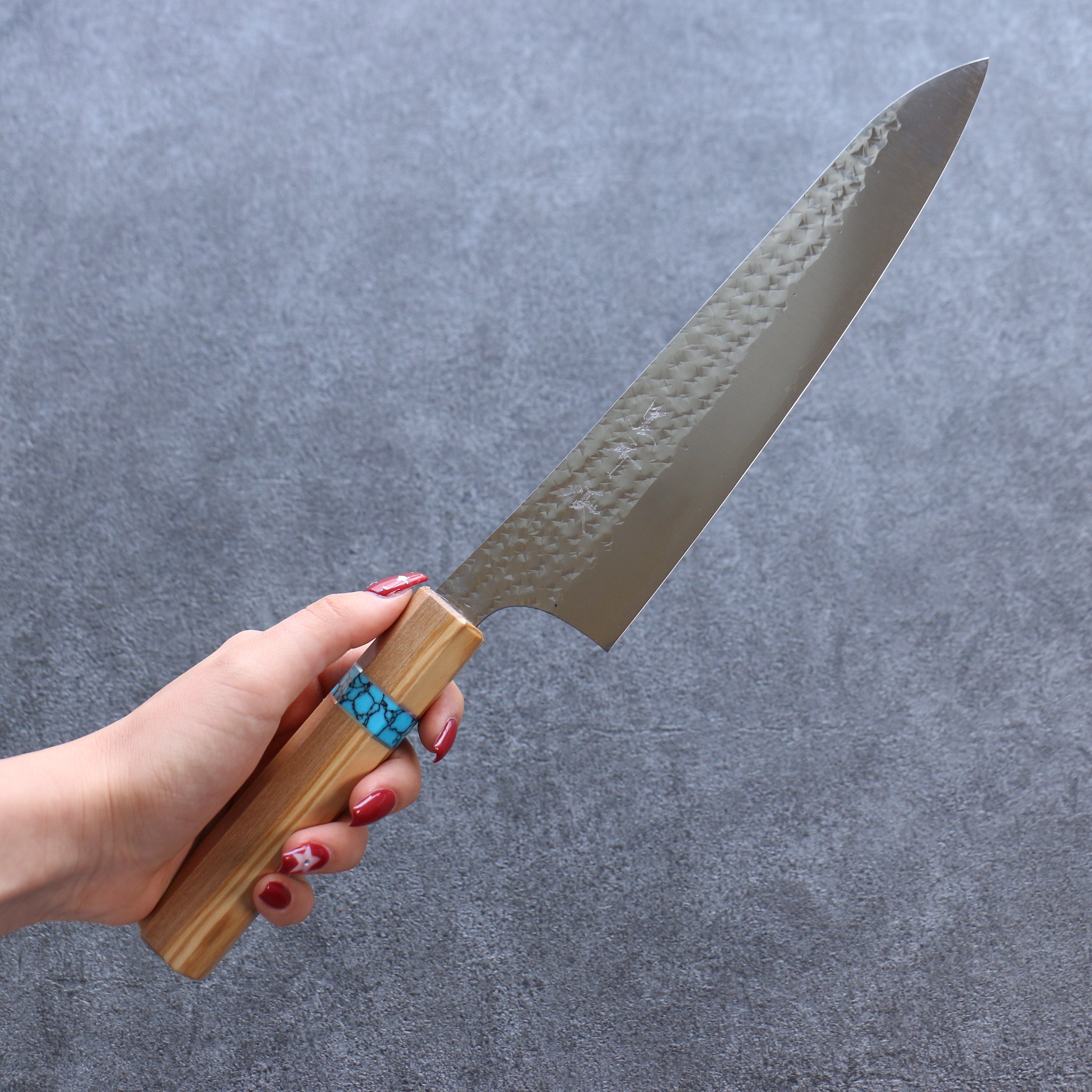 Yu Kurosaki Senko Ei SG2 Hammered Gyuto 210mm Olive tree(ferrule: Turquoise) Handle - Seisuke Knife