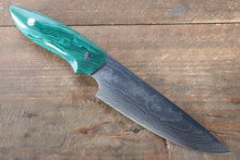  Takeshi Saji Coreless Mirrored Finish Small Santoku 130mm Green Turquoise (Nomura Style) Handle - Seisuke Knife