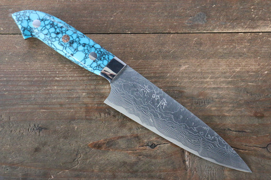 Takeshi Saji SG2 Diamond Finish Damascus Petty-Utility 130mm Blue Turquoise (Nomura Style) Handle - Seisuke Knife