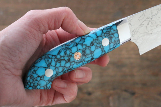 Takeshi Saji SG2 Diamond Finish Damascus Petty-Utility 130mm Blue Turquoise (Nomura Style) Handle - Seisuke Knife