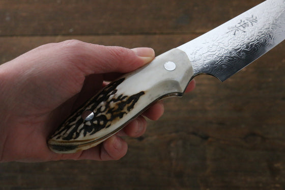 Takeshi Saji Coreless Mirrored Finish Small Santoku 130mm Cow Bone Handle - Seisuke Knife