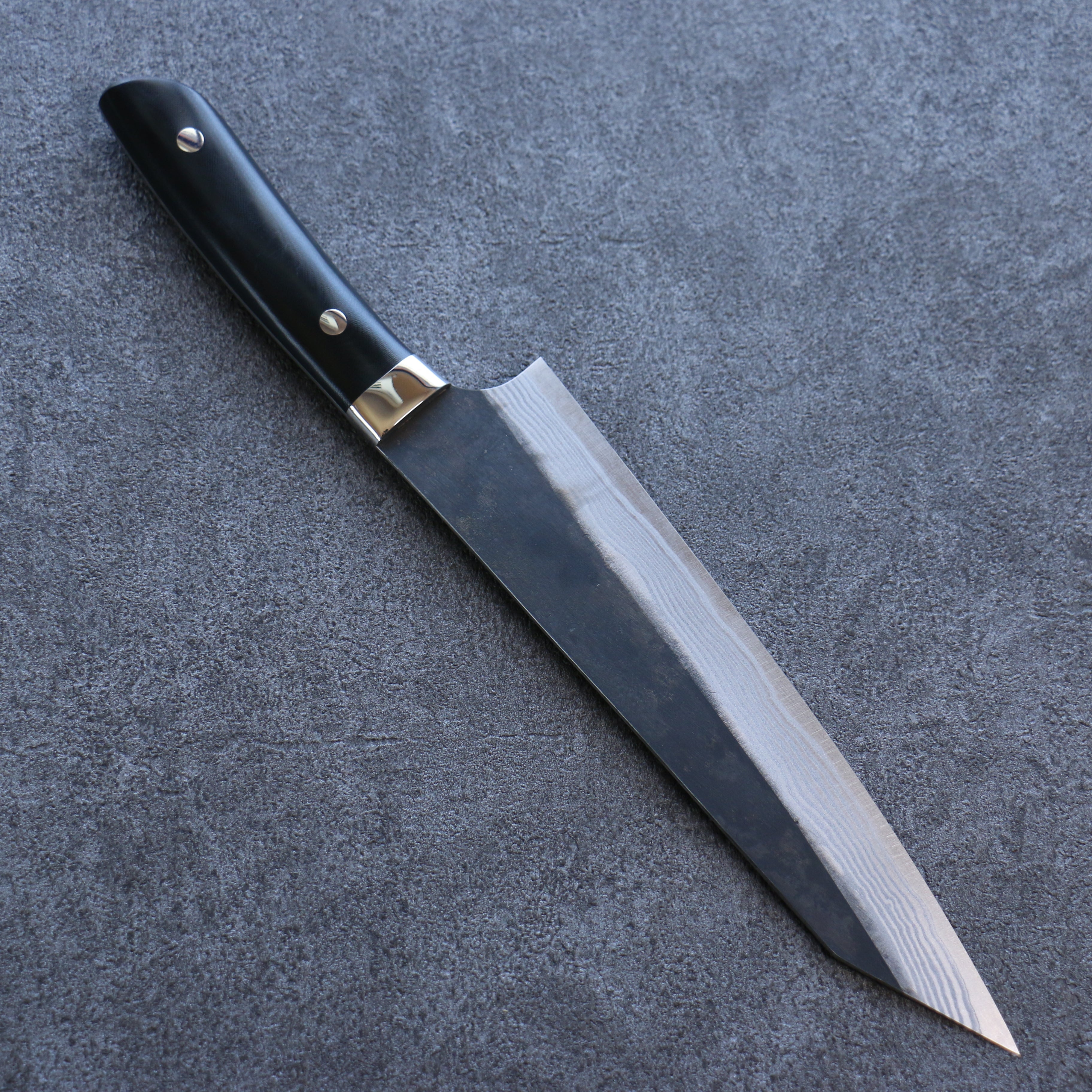 Takeshi Saji Blue Super Black Finished Damascus Kiritsuke Gyuto 210mm Black Micarta Handle - Seisuke Knife