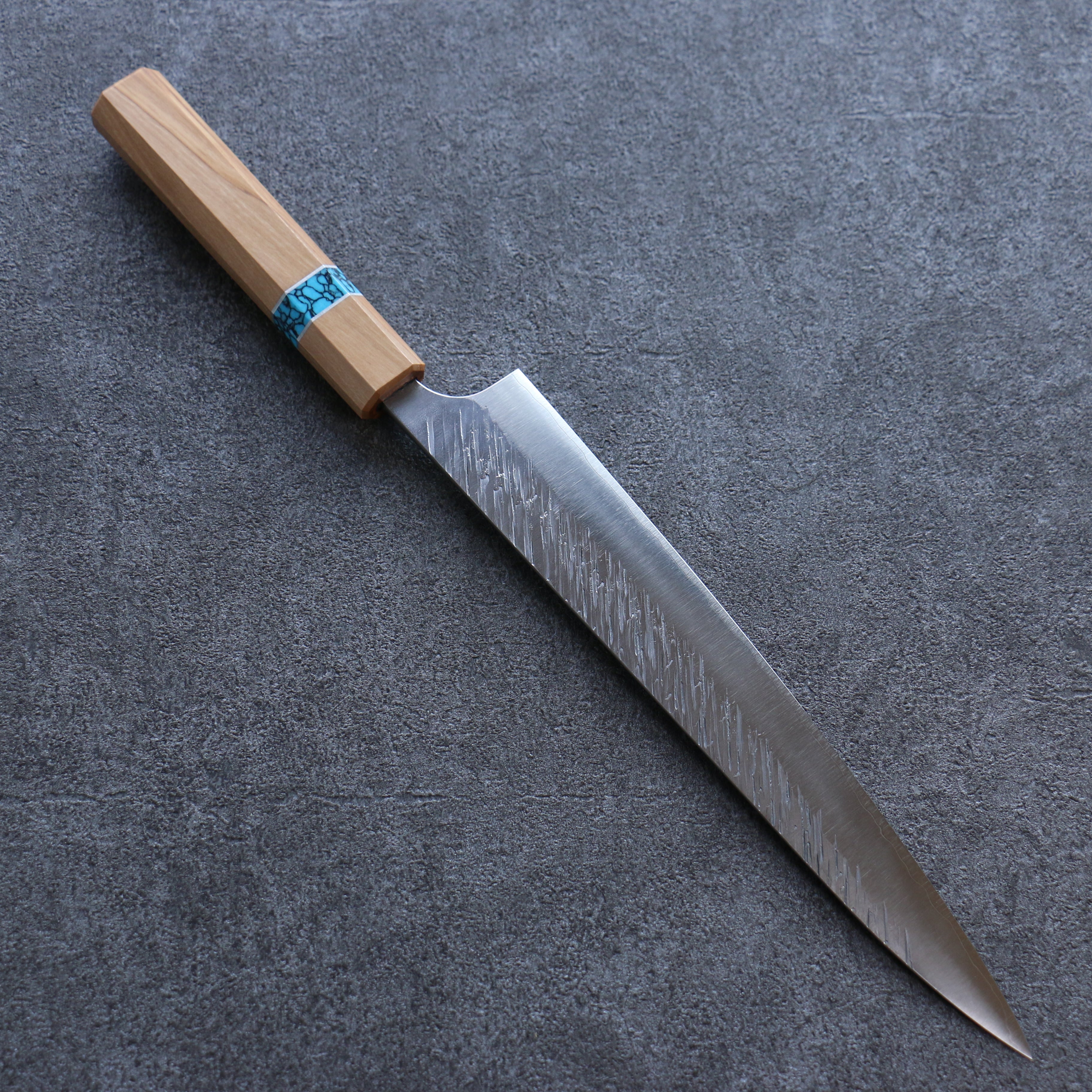 Yu Kurosaki Fujin SG2 Hammered Sujihiki 240mm Olive tree(ferrule: Turquoise) Handle - Seisuke Knife