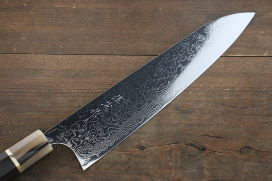 Takeshi Saji SG2 Mirrored Finish Damascus Gyuto 240mm Ebony with Double Ring Handle - Seisuke Knife