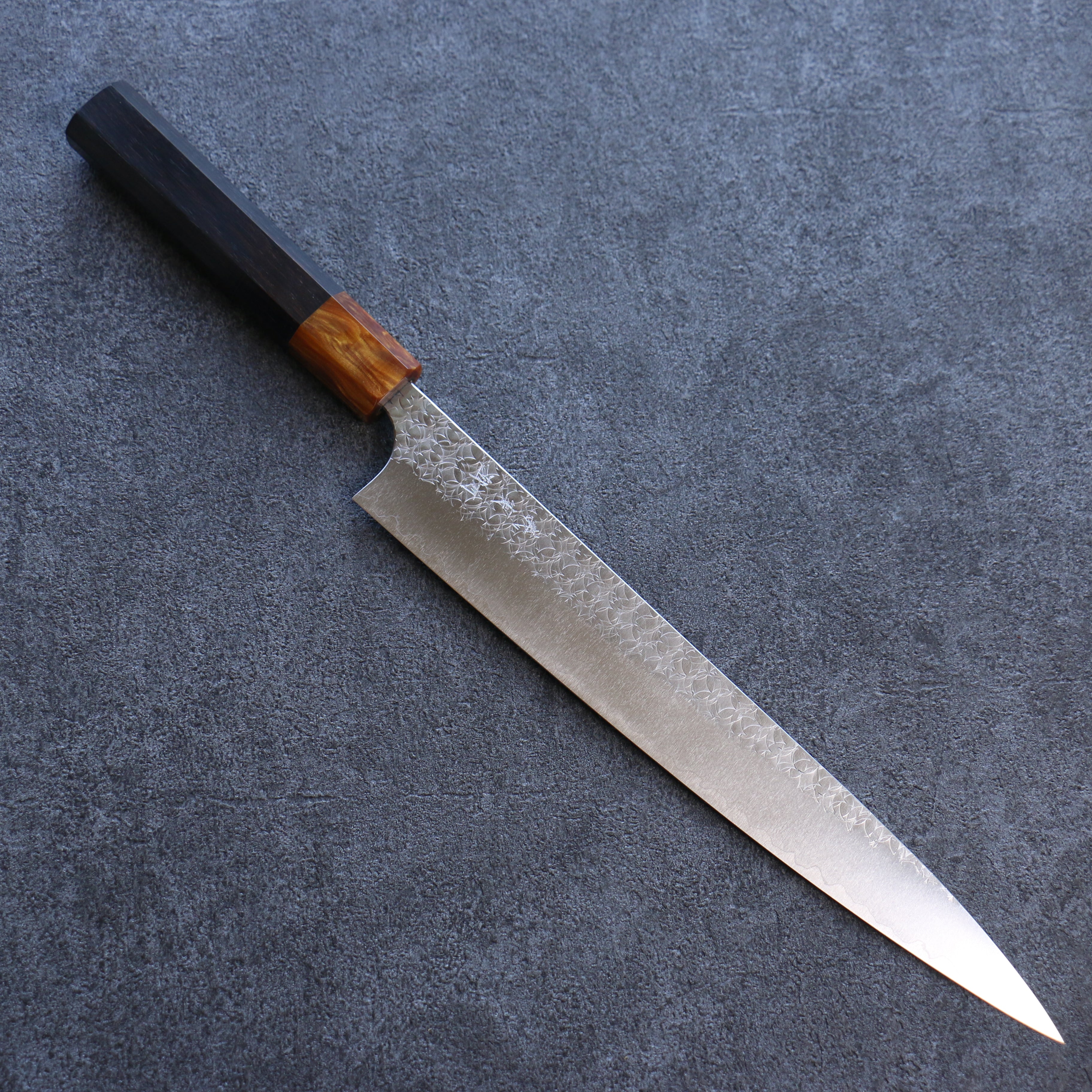 Yoshimi Kato Minamo SG2 Hammered Sujihiki 270mm Ebony (ferrule: Orange Resin) Handle - Seisuke Knife