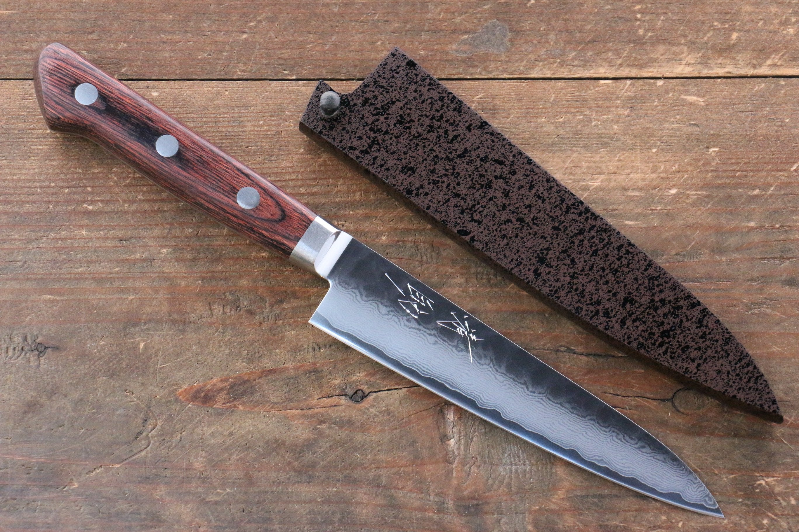Seisuke VG10 33 Layer Damascus Petty-Utility 135mm Mahogany Handle with Sheath - Seisuke Knife
