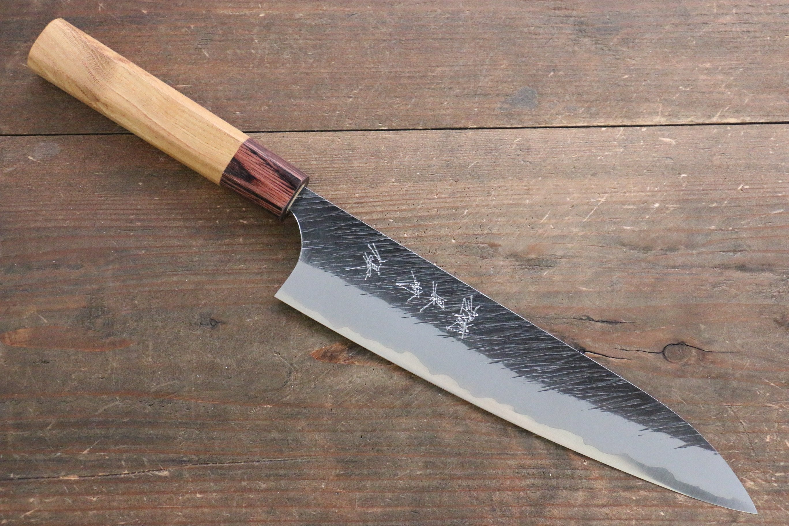 Yu Kurosaki Fujin Blue Super Hammered Gyuto 210mm with Keyaki Elm Handle - Seisuke Knife