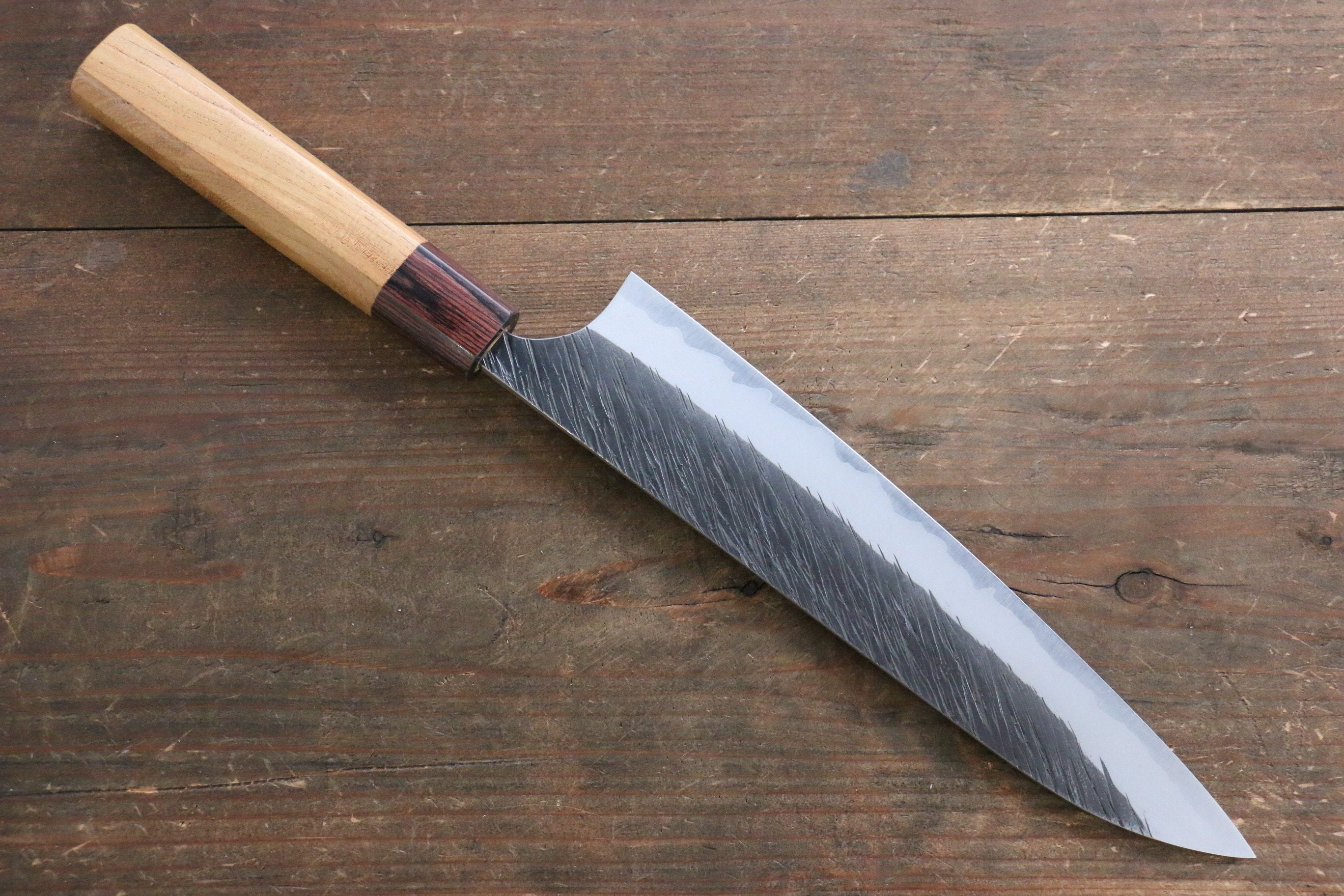 Yu Kurosaki Fujin Blue Super Hammered Gyuto 210mm with Keyaki Elm Handle - Seisuke Knife