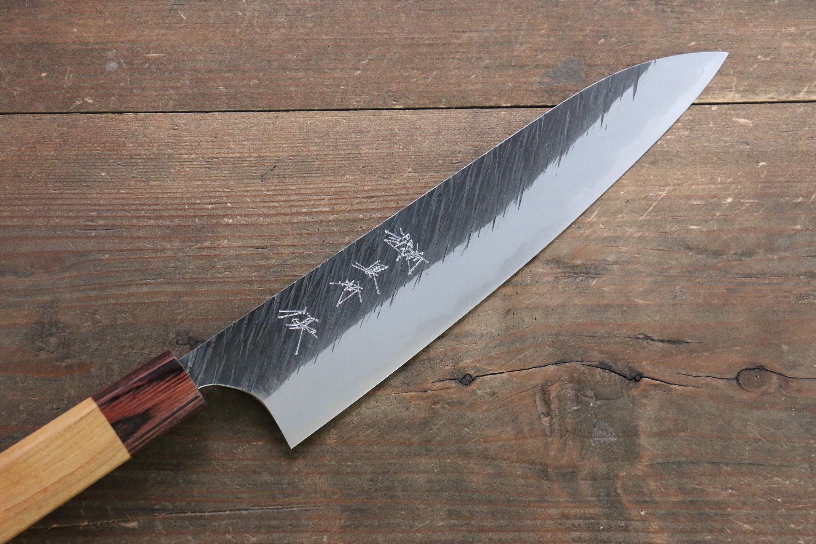 Yu Kurosaki Fujin Blue Super Hammered Gyuto 210mm with Keyaki Elm Handle - Seisuke Knife