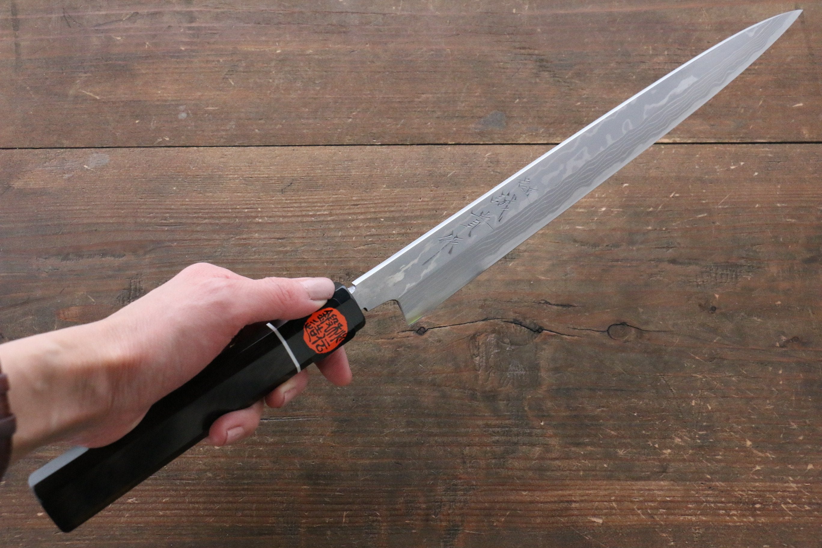 Shigeki Tanaka Blue Steel No.2 Damascus Yanagiba 270mm with Ebony Wood Handle - Seisuke Knife