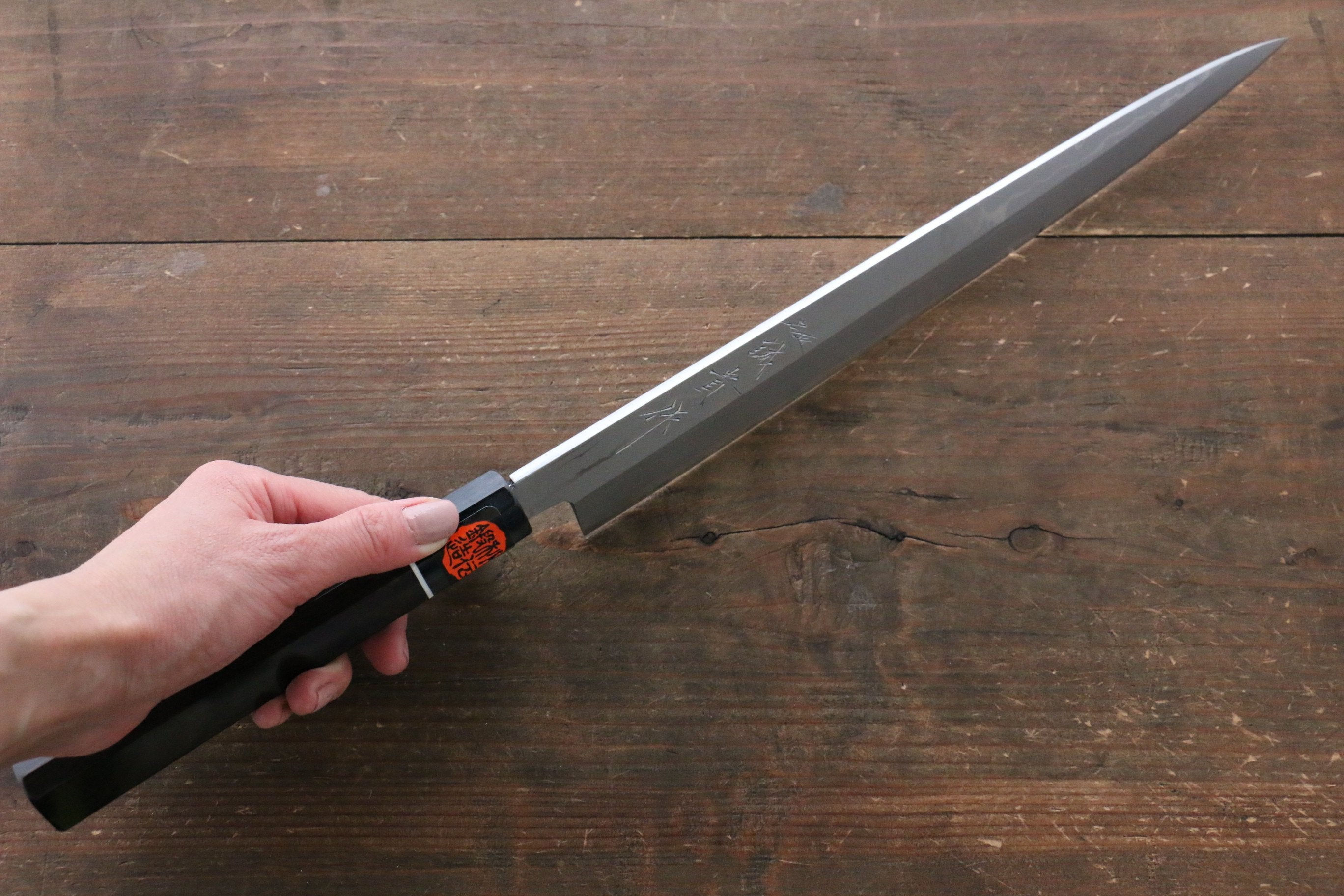 Shigeki Tanaka Blue Steel No.2 Damascus Yanagiba 300mm with Ebony Wood Handle - Seisuke Knife