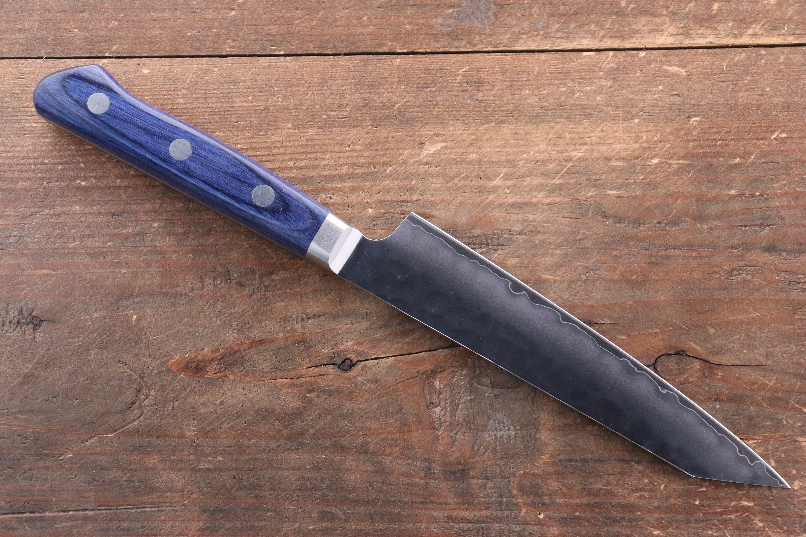 Seisuke Aotsuchi AUS10 Hammered Kiritsuke Petty-Utility 140mm Blue Pakkawood Handle with Sheath - Seisuke Knife
