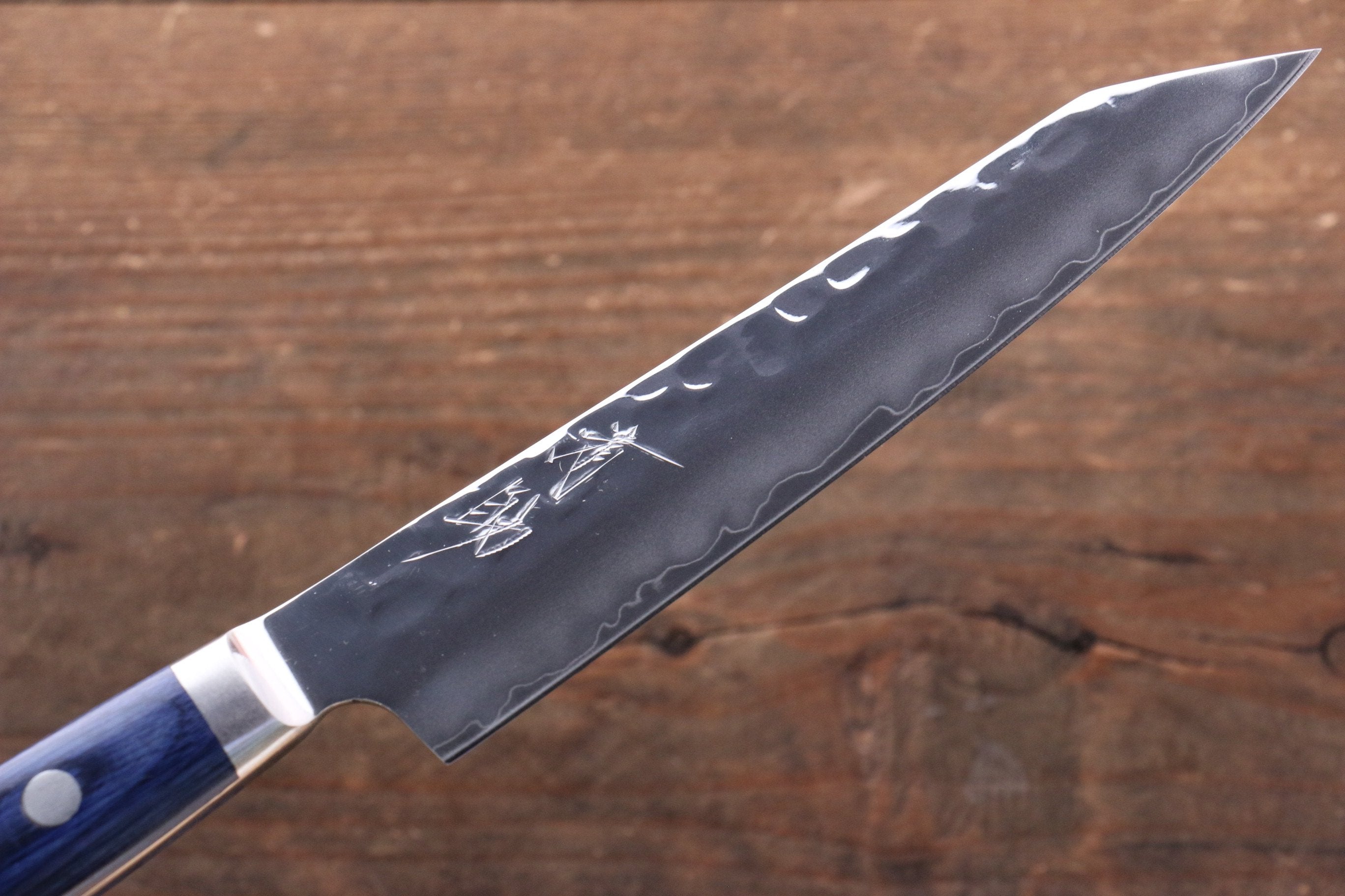 Seisuke Aotsuchi AUS10 Hammered Kiritsuke Petty-Utility 140mm Blue Pakkawood Handle with Sheath - Seisuke Knife