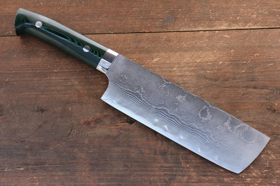 Takeshi Saji VG10 Diamond Finish Damascus Nakiri 165mm Green Micarta Handle - Seisuke Knife