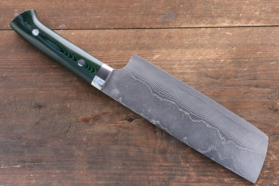 Takeshi Saji VG10 Diamond Finish Damascus Nakiri 165mm Green Micarta Handle - Seisuke Knife