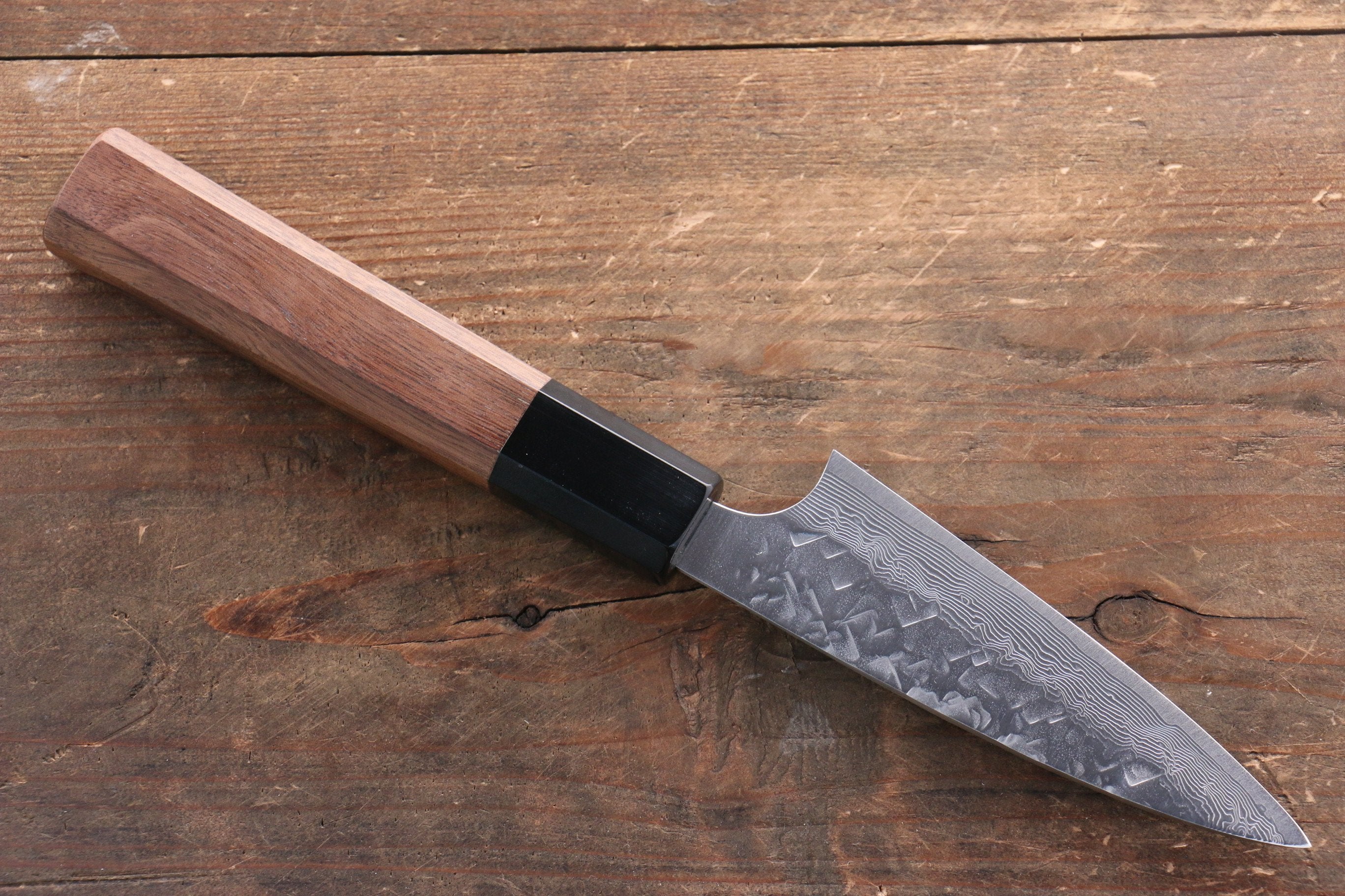 Takeshi Saji VG10 Diamond Finish Hammered Damascus Petty-Utility 90mm Walnut Handle - Seisuke Knife