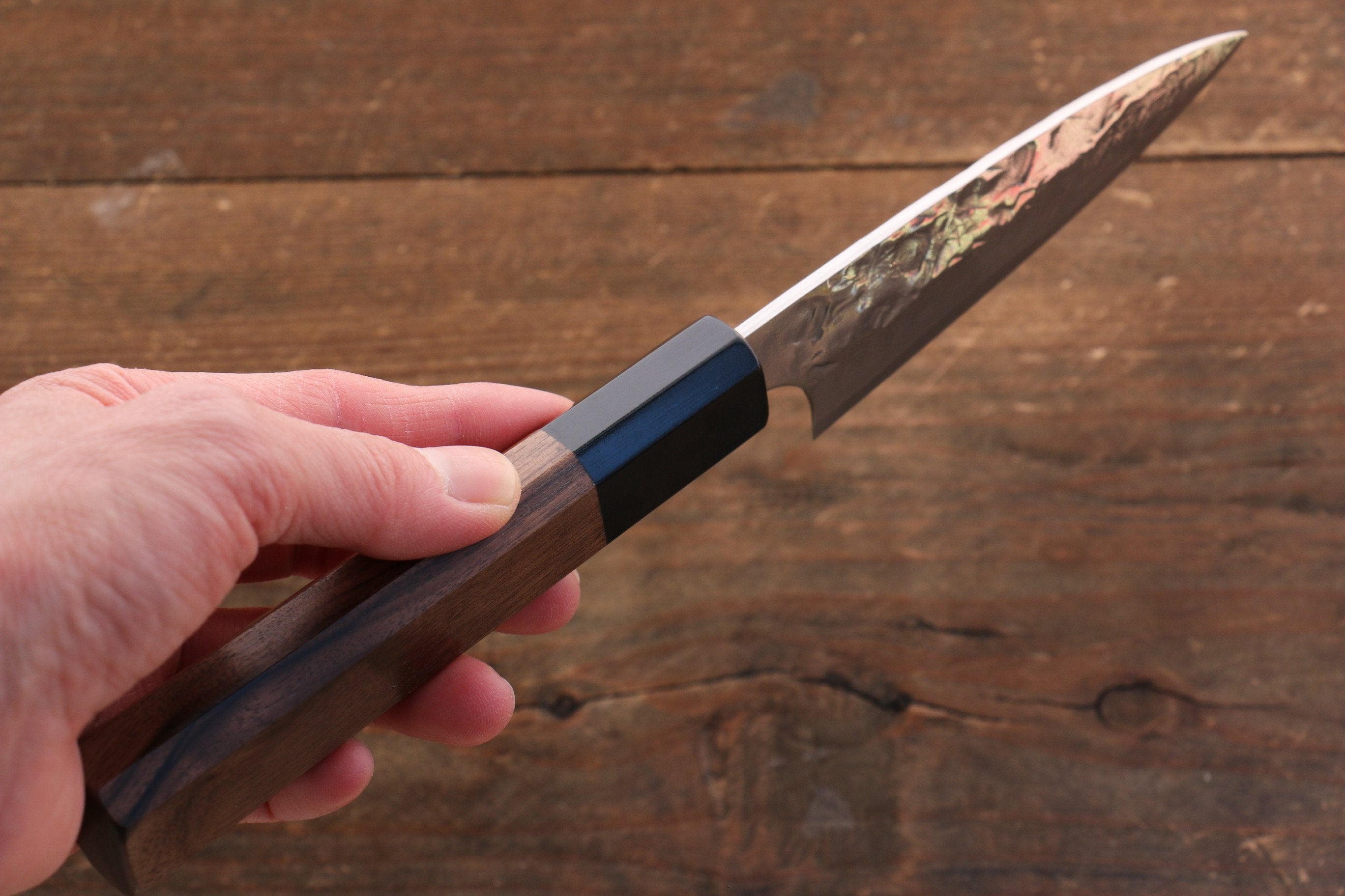 Takeshi Saji VG10 Diamond Finish Hammered Damascus Petty-Utility 90mm Walnut Handle - Seisuke Knife