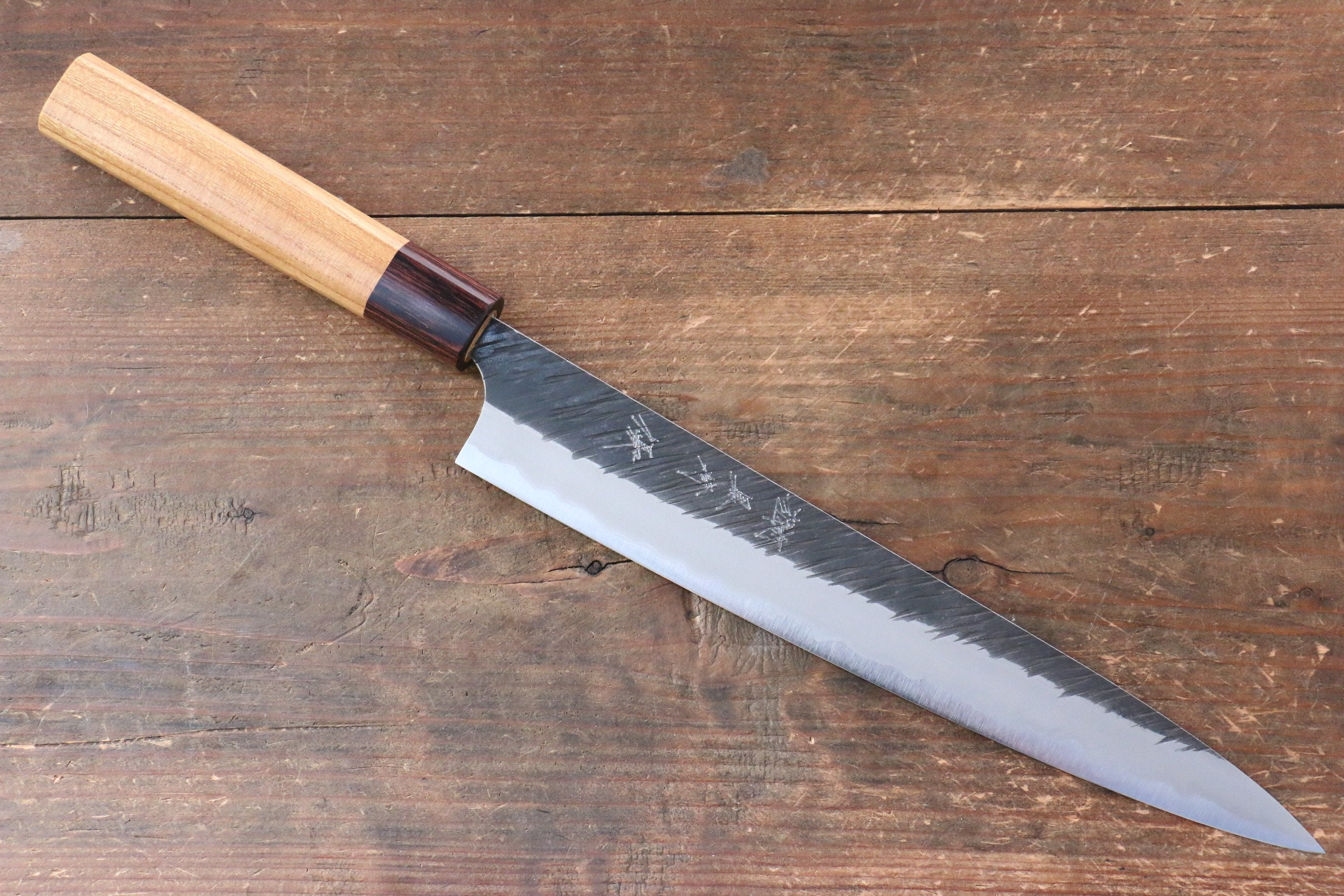 Yu Kurosaki Fujin Blue Super Hammered Sujihiki 240mm Keyaki (Japanese Elm) Handle - Seisuke Knife