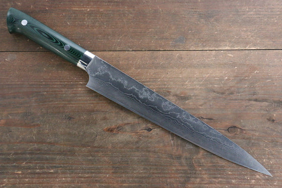 Takeshi Saji VG10 Diamond Finish Damascus Sujihiki 240mm Green Micarta Handle - Seisuke Knife