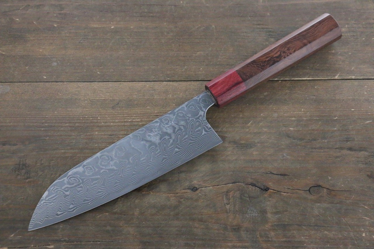 Yoshimi Kato SG2 Black Damascus Santoku 170mm Honduras (ferrule: Red Pakka wood) Handle - Seisuke Knife