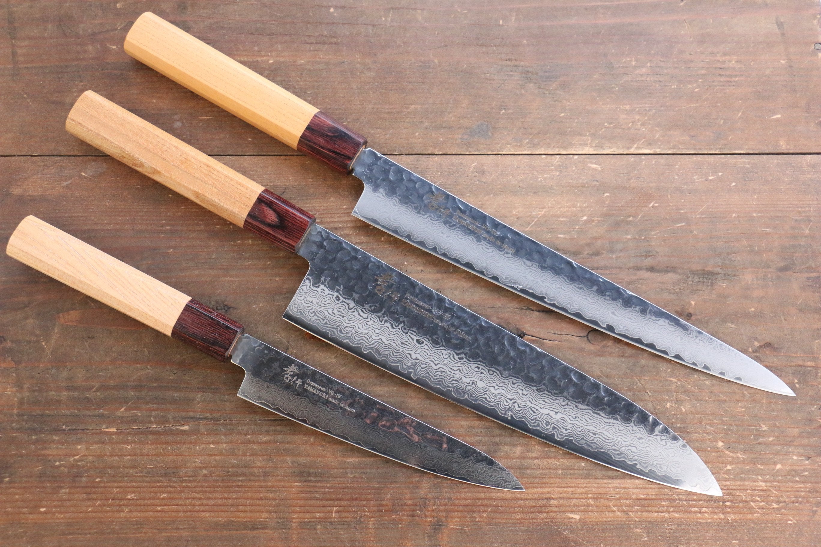 Sakai Takayuki VG10 33 Layer Damascus Sujihiki 240mm, Gyuto 240mm & Petty 150mm Keyaki Elm Handle Knife Set - Seisuke Knife