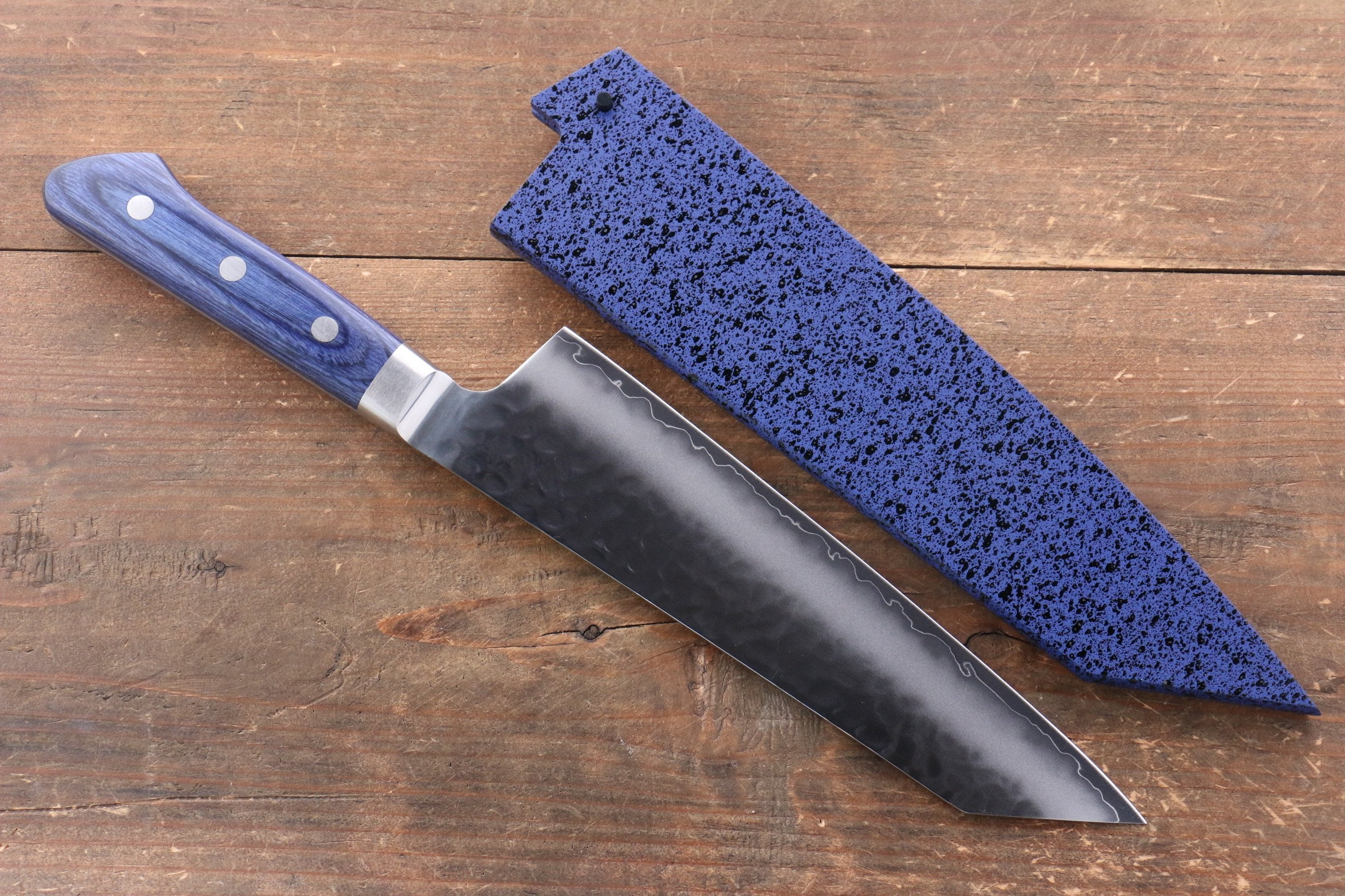 Seisuke Aotsuchi AUS10 Hammered Kiritsuke Santoku 195mm Blue Pakka wood Handle with Sheath - Seisuke Knife