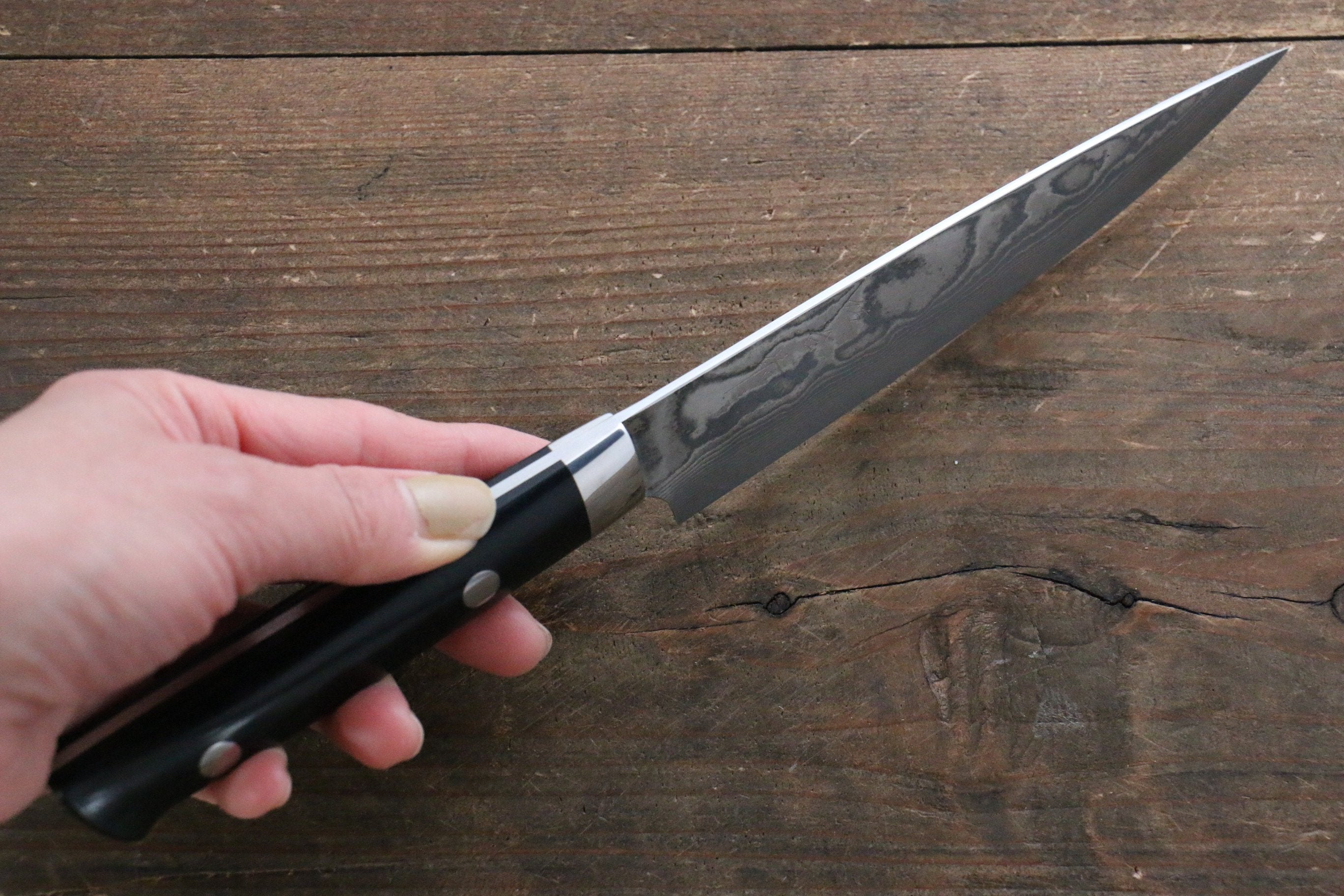 Takeshi Saji VG10 Black Damascus Petty-Utility 135mm Black Micarta Handle - Seisuke Knife