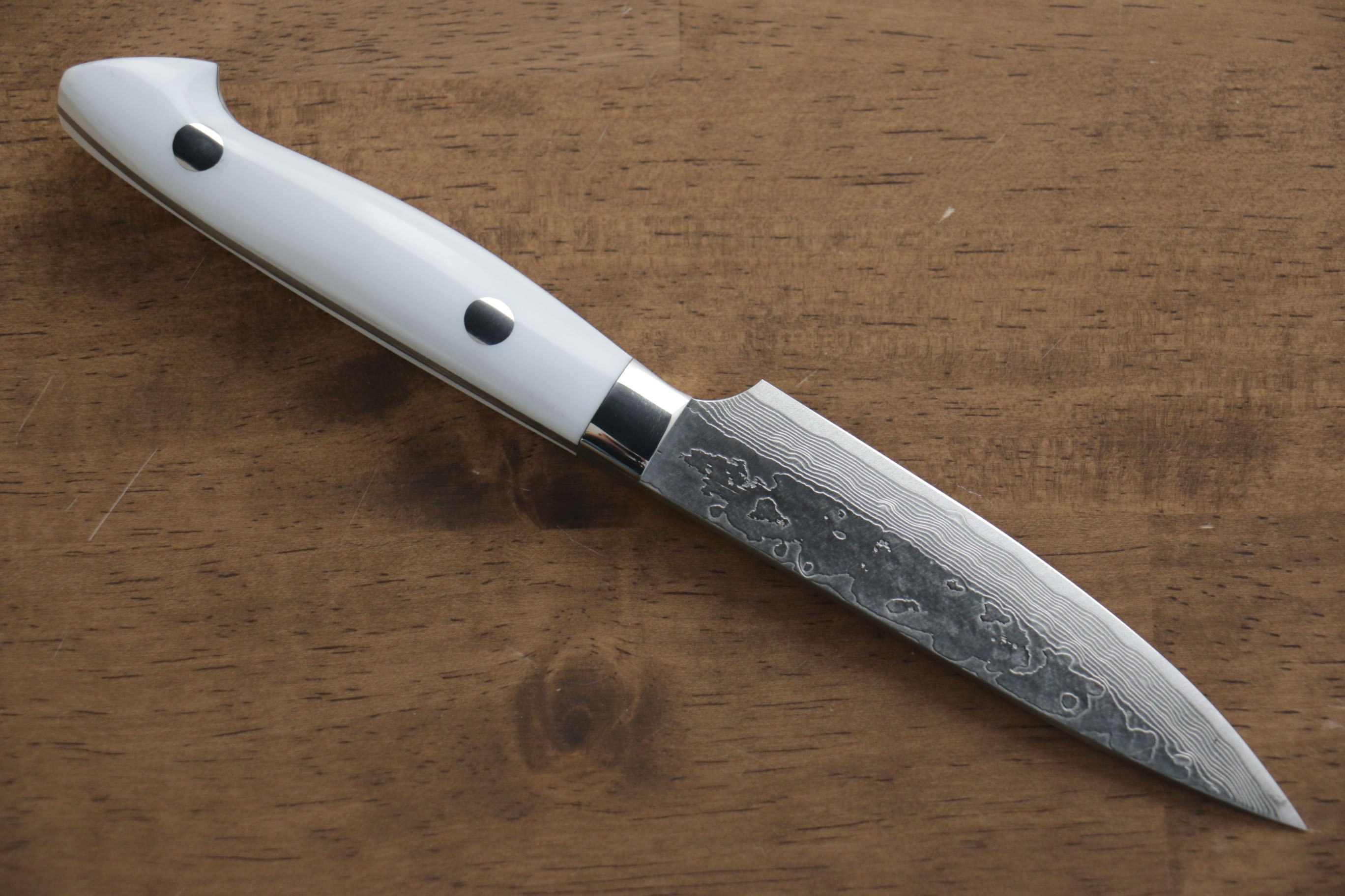Kazuo Nomura VG10 Damascus Petty-Utility 100mm White Stone Handle - Seisuke Knife