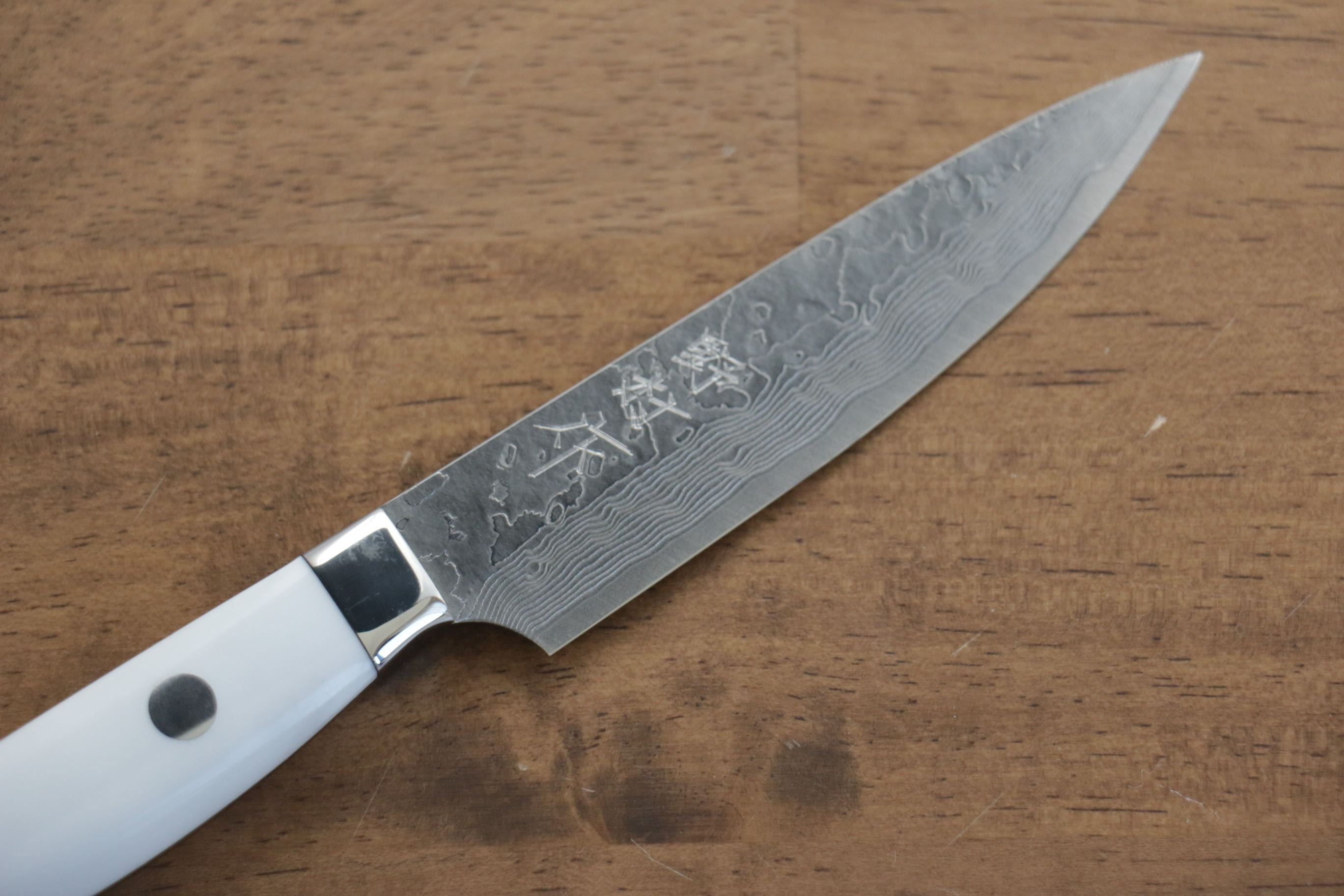 Kazuo Nomura VG10 Damascus Petty-Utility 100mm White Stone Handle - Seisuke Knife