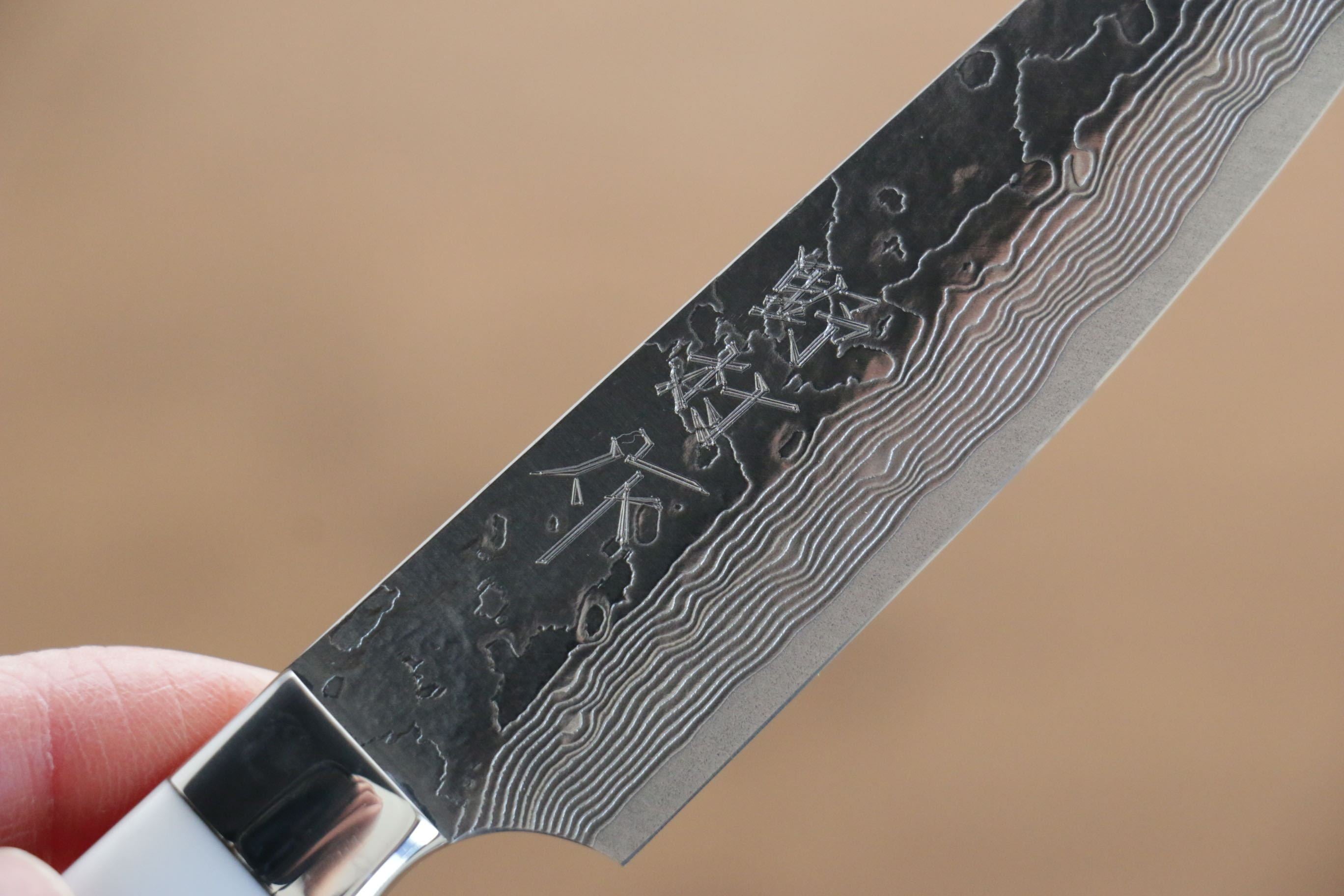 Kazuo Nomura VG10 Damascus Petty-Utility 100mm White Stone Handle - Seisuke Knife