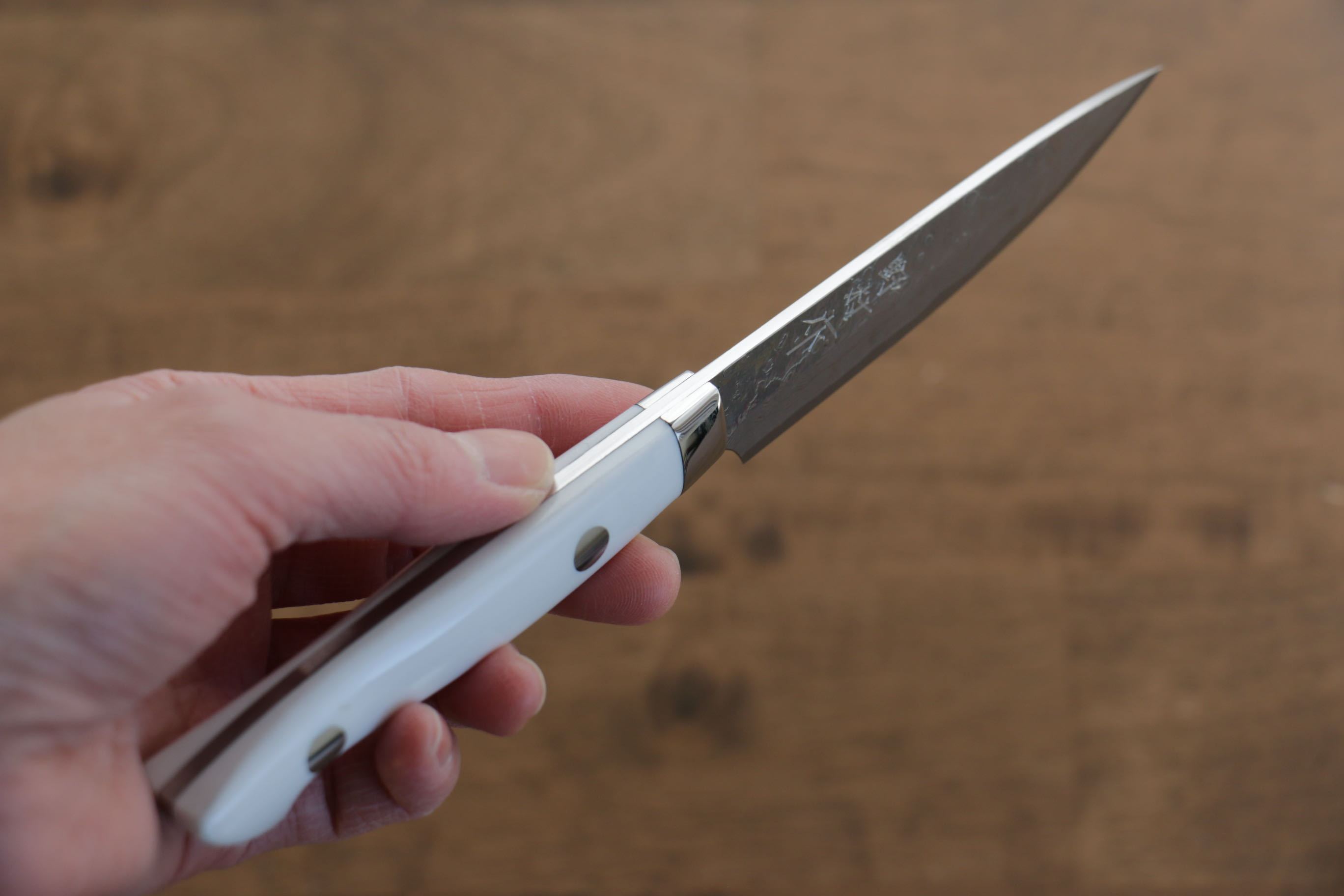 Kazuo Nomura VG10 Damascus Petty-Utility 100mm White Stone Handle - Seisuke Knife