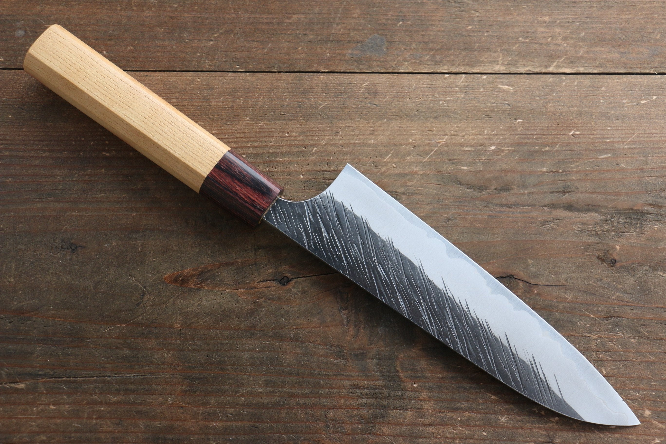 Yu Kurosaki Fujin Blue Super Hammered Gyuto 180mm Keyaki Elm Handle - Seisuke Knife