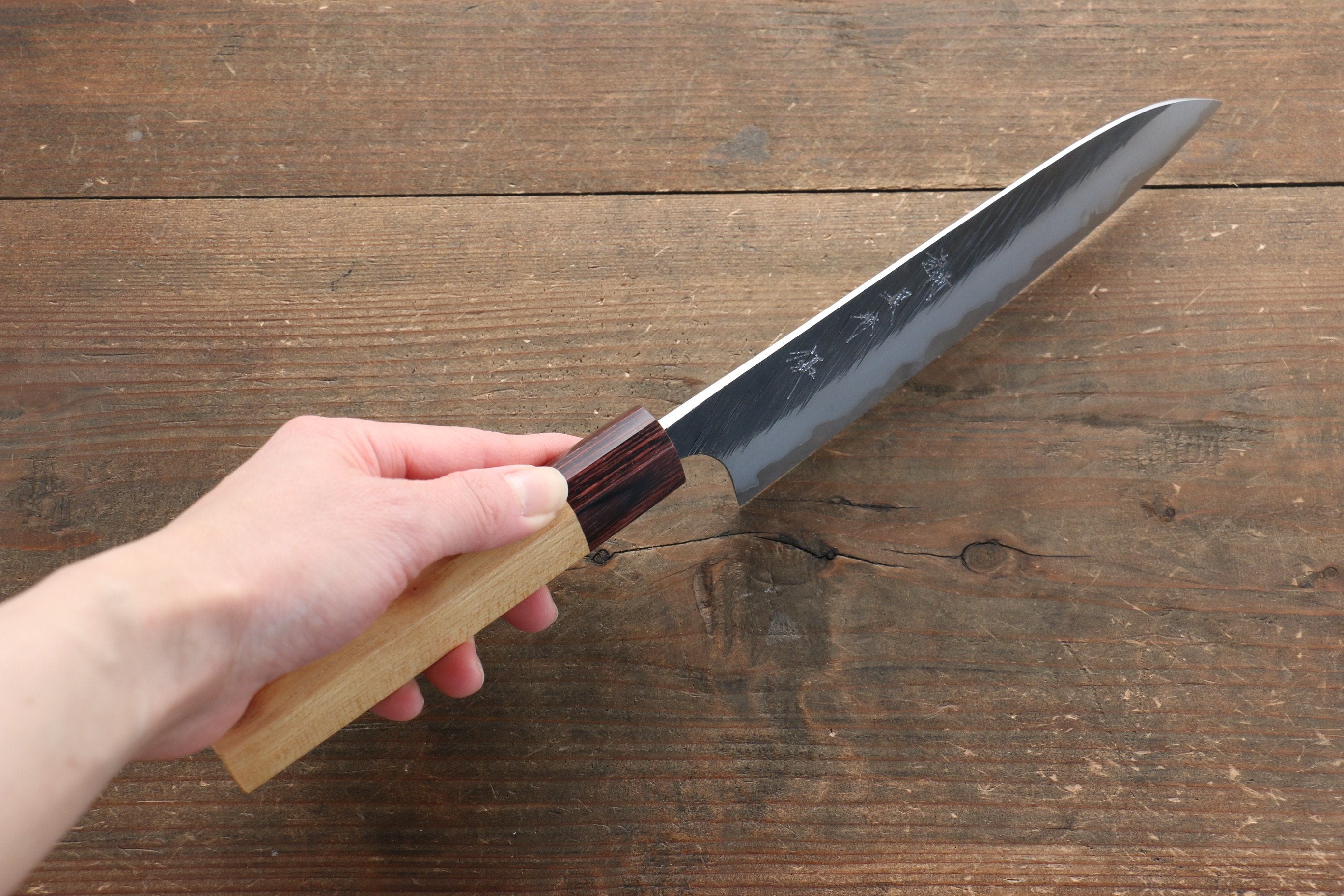 Yu Kurosaki Fujin Blue Super Hammered Gyuto 180mm Keyaki Elm Handle - Seisuke Knife