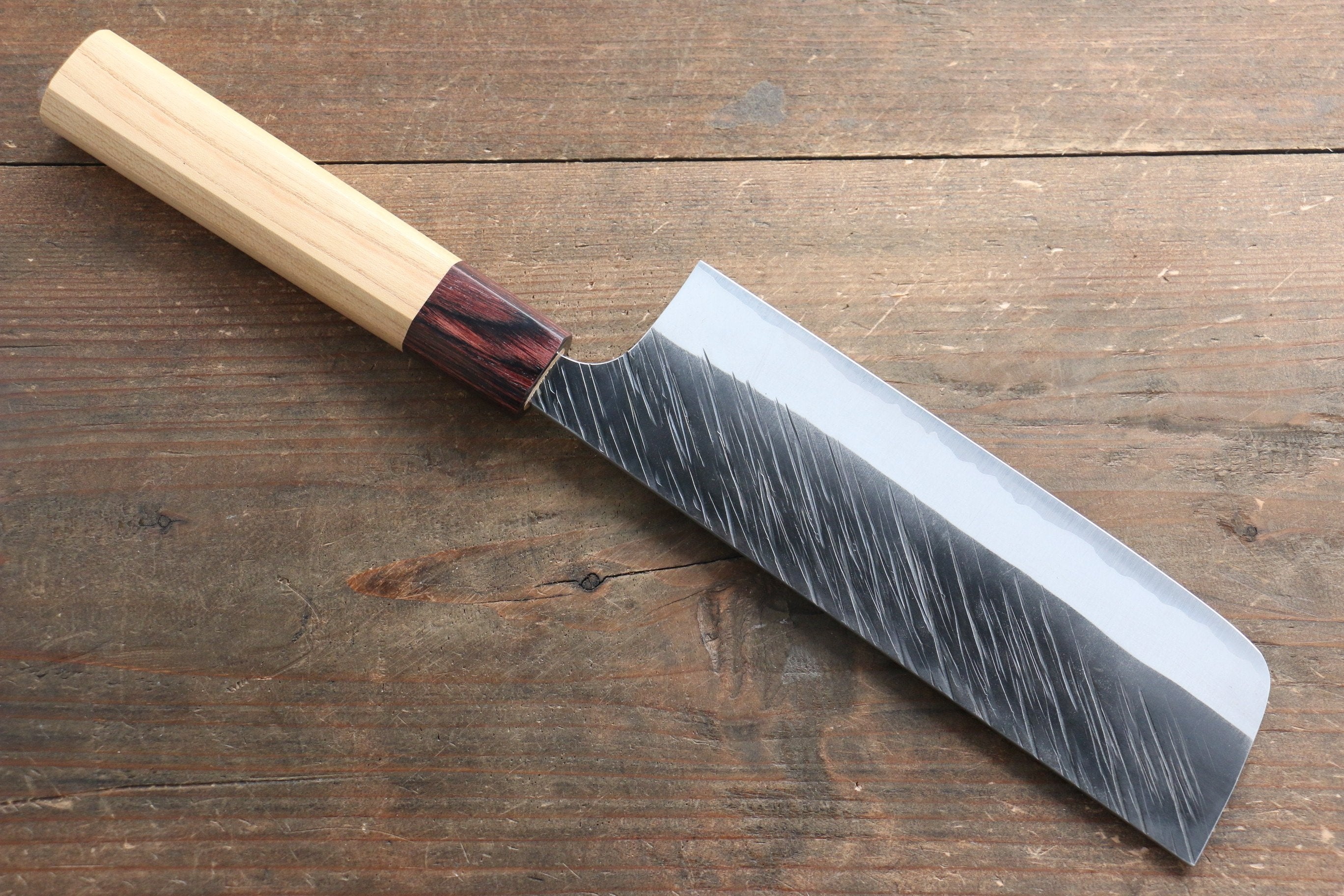 Yu Kurosaki Fujin Blue Super Hammered Nakiri 165mm with Keyaki Elm Handle - Seisuke Knife