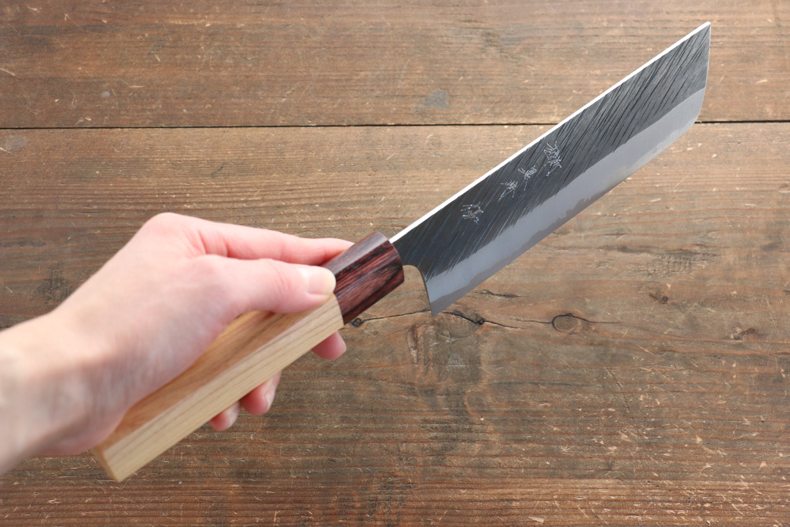 Yu Kurosaki Fujin Blue Super Hammered Nakiri 165mm with Keyaki Elm Handle - Seisuke Knife