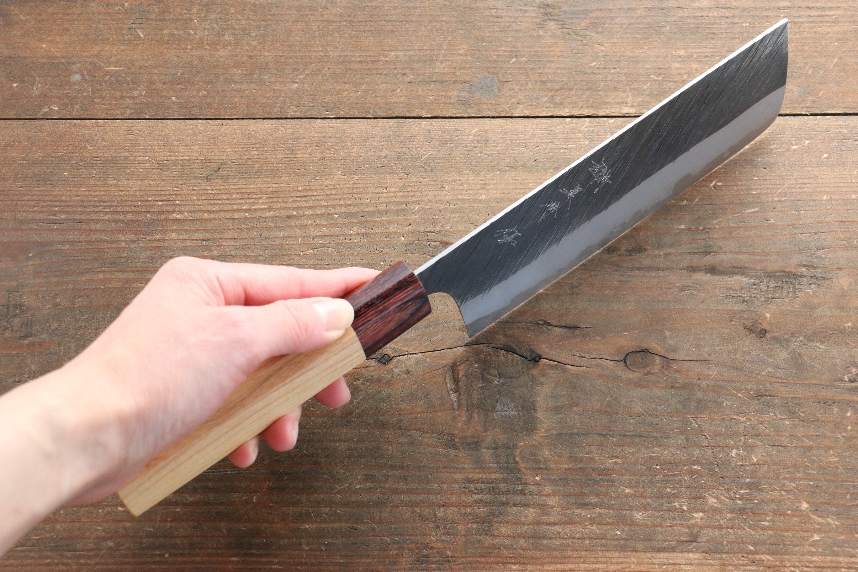 Yu Kurosaki Fujin Blue Super Hammered Nakiri 165mm with Keyaki Elm Handle - Seisuke Knife