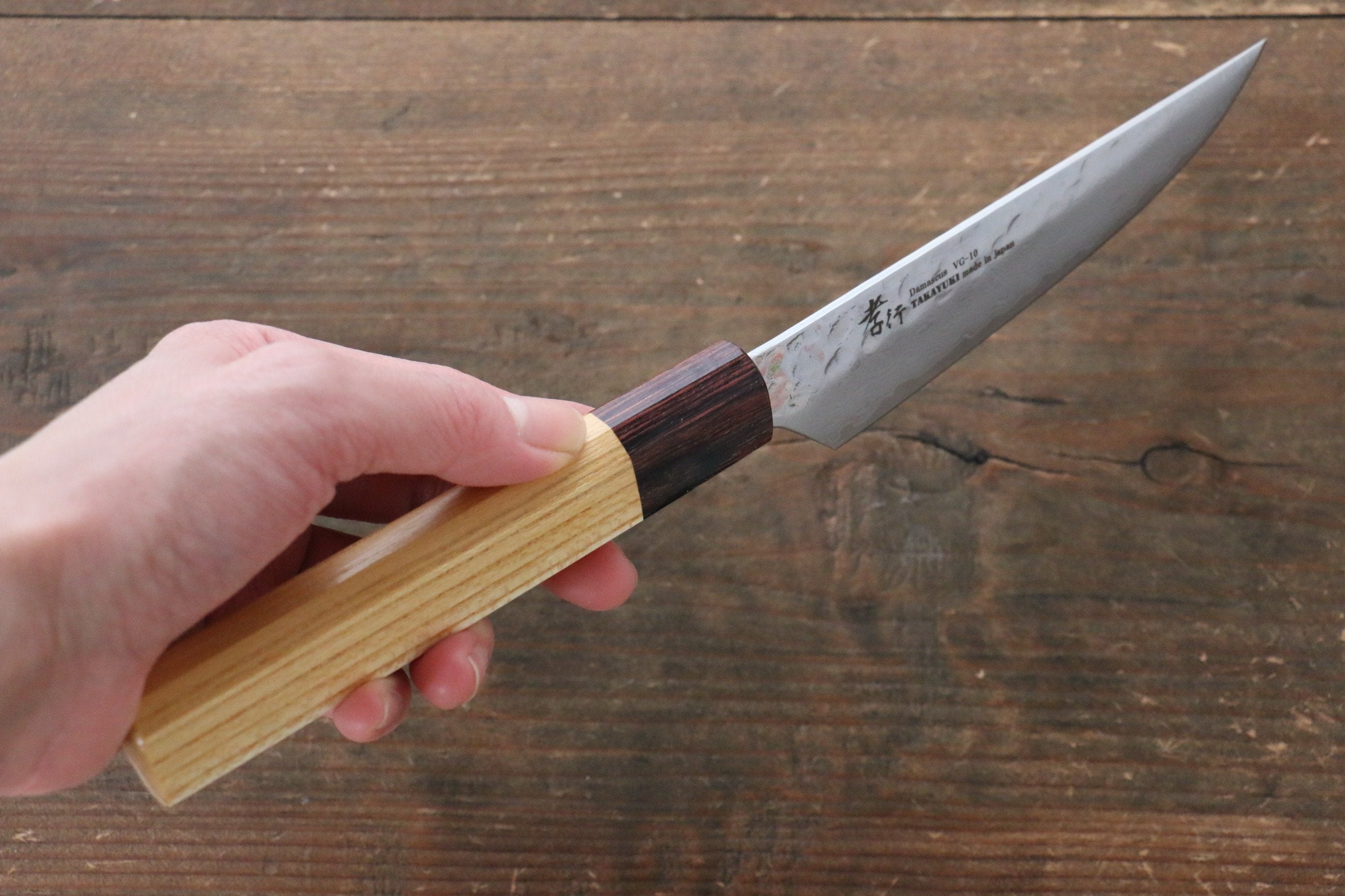 Sakai Takayuki VG10 33 Layer Damascus Steak Knife 120mm with Keyaki Elm Handle Set of 4 - Seisuke Knife