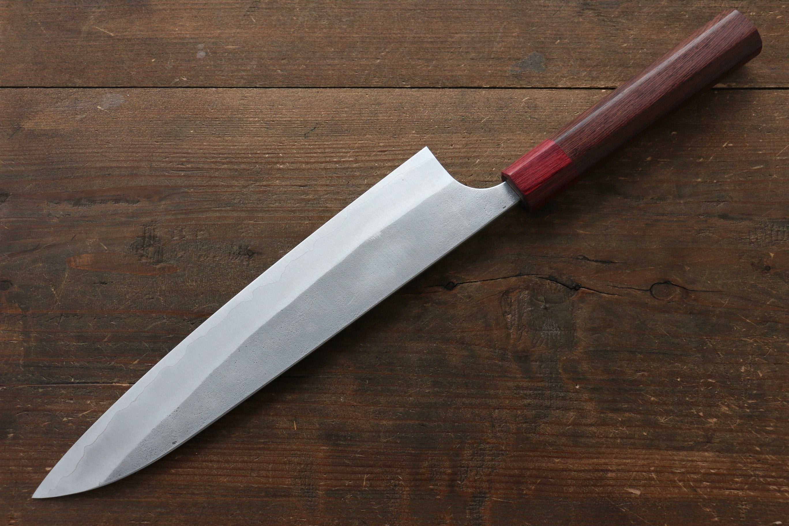 Yoshimi Kato Blue Super Nashiji Gyuto 240mm with Red Honduras Handle - Seisuke Knife