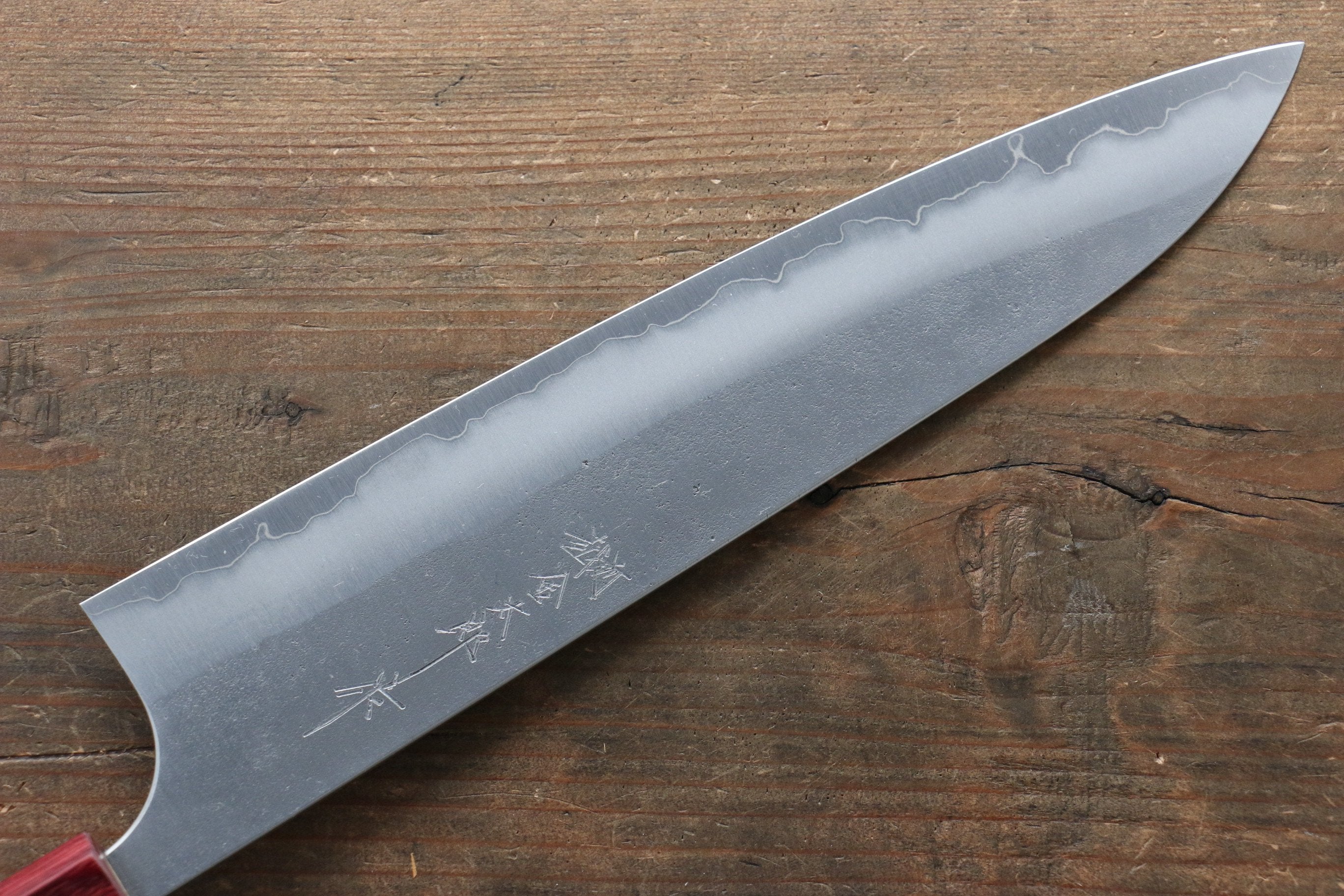 Yoshimi Kato Blue Super Nashiji Gyuto 240mm with Red Honduras Handle - Seisuke Knife