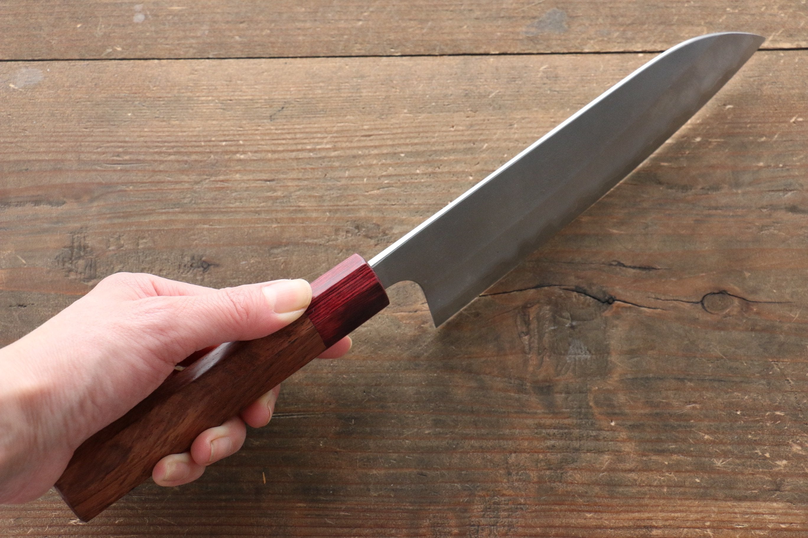 Yoshimi Kato Blue Super Nashiji Santoku 170mm with Red Honduras Handle - Seisuke Knife