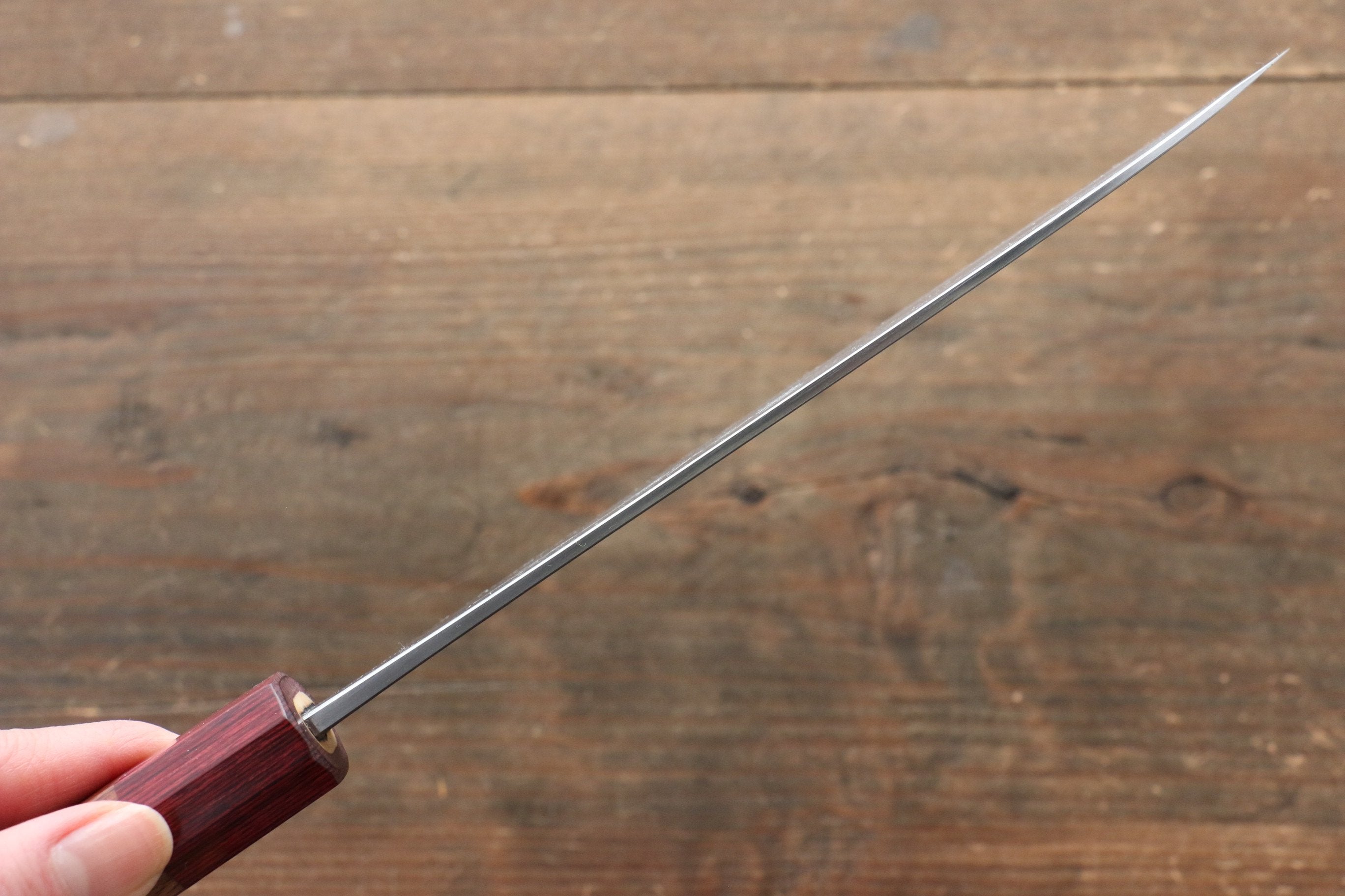 Yoshimi Kato Blue Super Nashiji Santoku 170mm with Red Honduras Handle - Seisuke Knife
