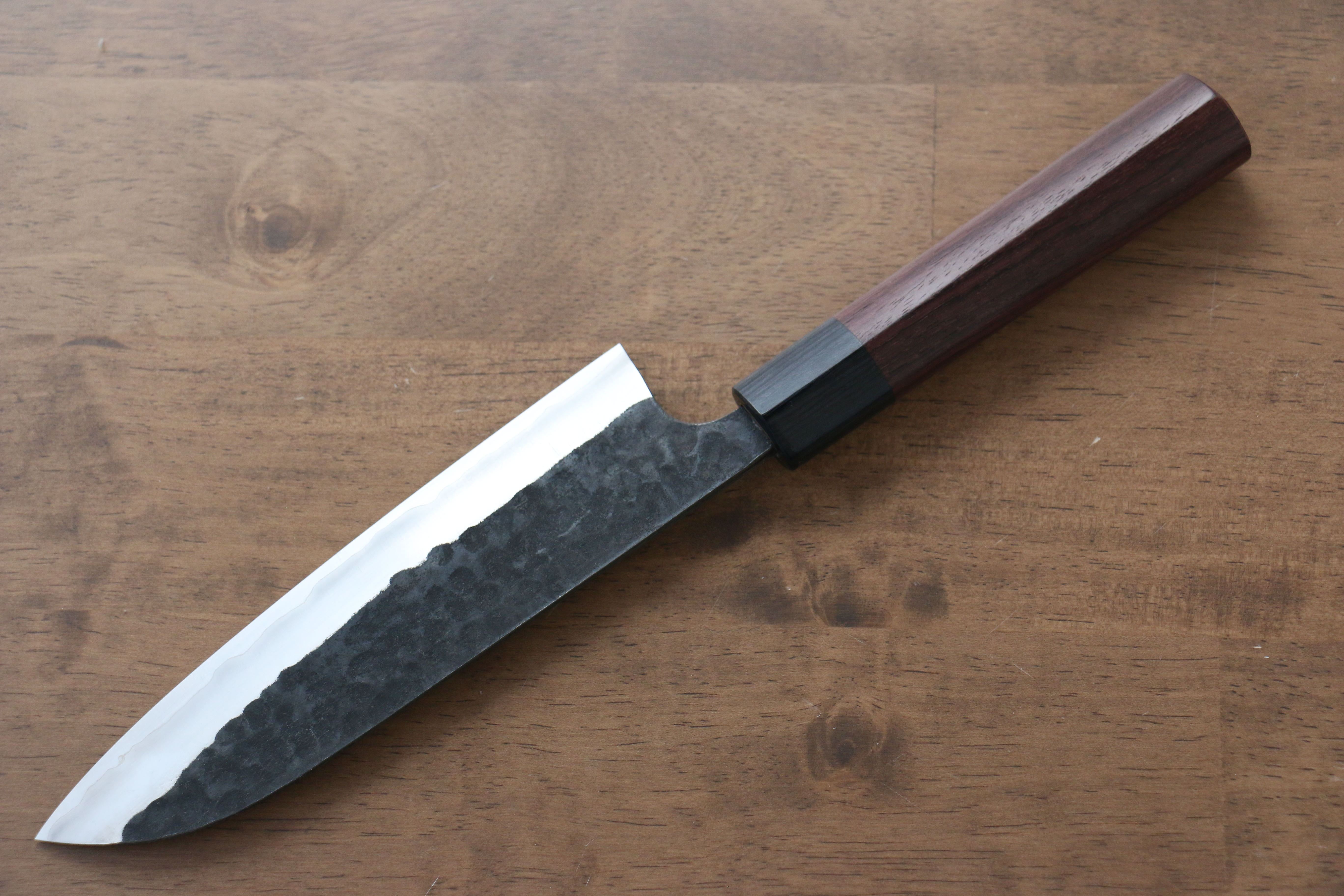 Anryu Blue Super Hammered Kurouchi Santoku 165mm Shitan Handle - Seisuke Knife