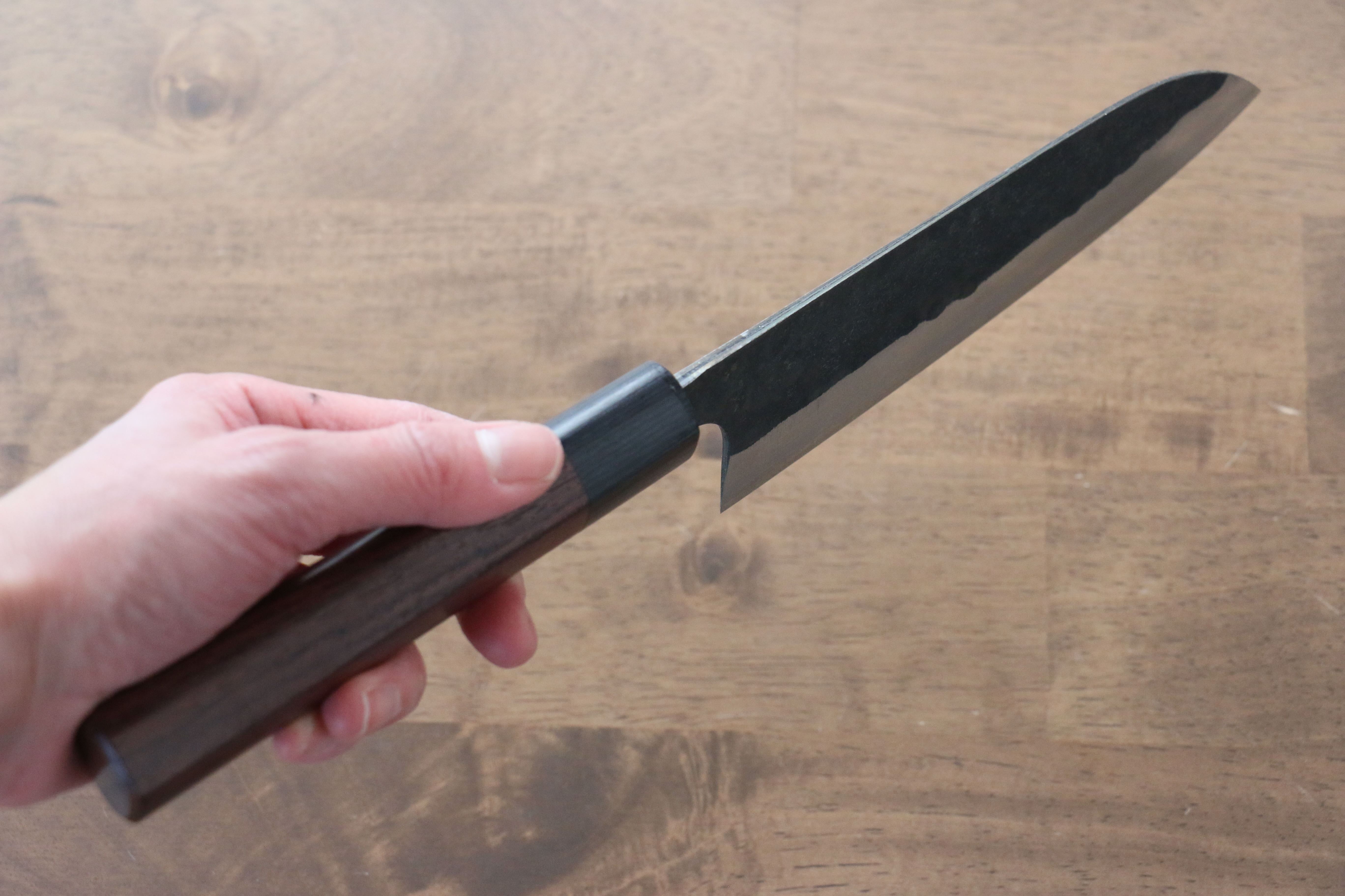 Anryu Blue Super Hammered Kurouchi Santoku 165mm Shitan Handle - Seisuke Knife